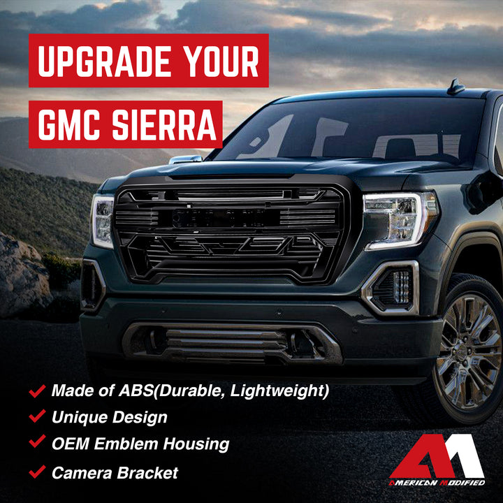 AMERICAN MODIFIED Grille w/Emblem Base, 2019-2021 GMC Sierra 1500, Glossy Black - VMInnovations