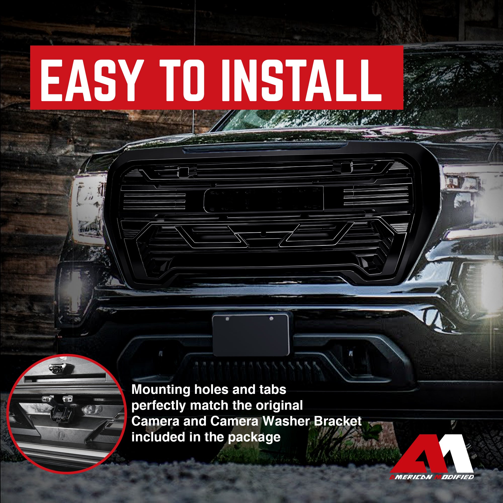 AMERICAN MODIFIED Grille w/Emblem Base, 2019-2021 GMC Sierra 1500, Glossy Black - VMInnovations
