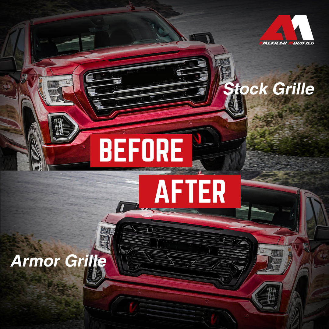 AMERICAN MODIFIED Grille w/Emblem Base, 2019-2021 GMC Sierra 1500, Glossy Black - VMInnovations