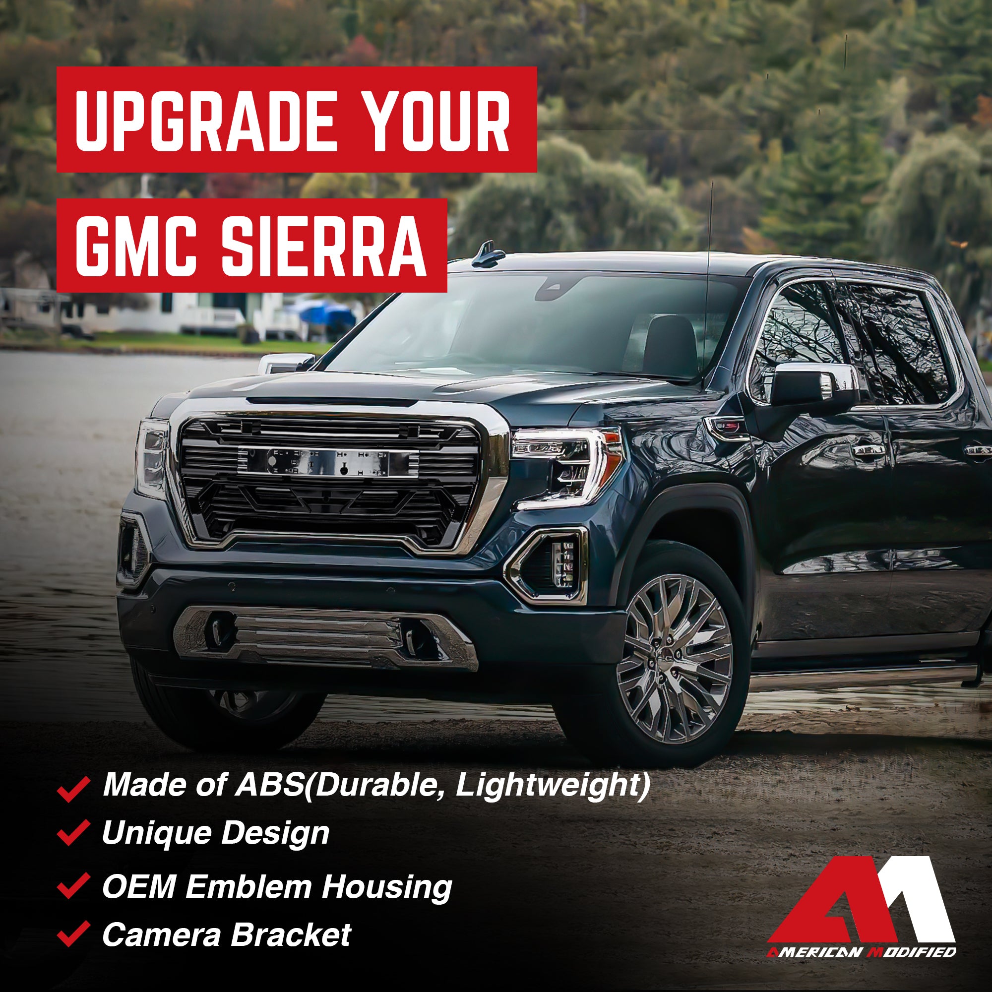 AMERICAN MODIFIED Grille w/Emblem Base for 2019-2021 GMC Sierra 1500, Chrome - VMInnovations