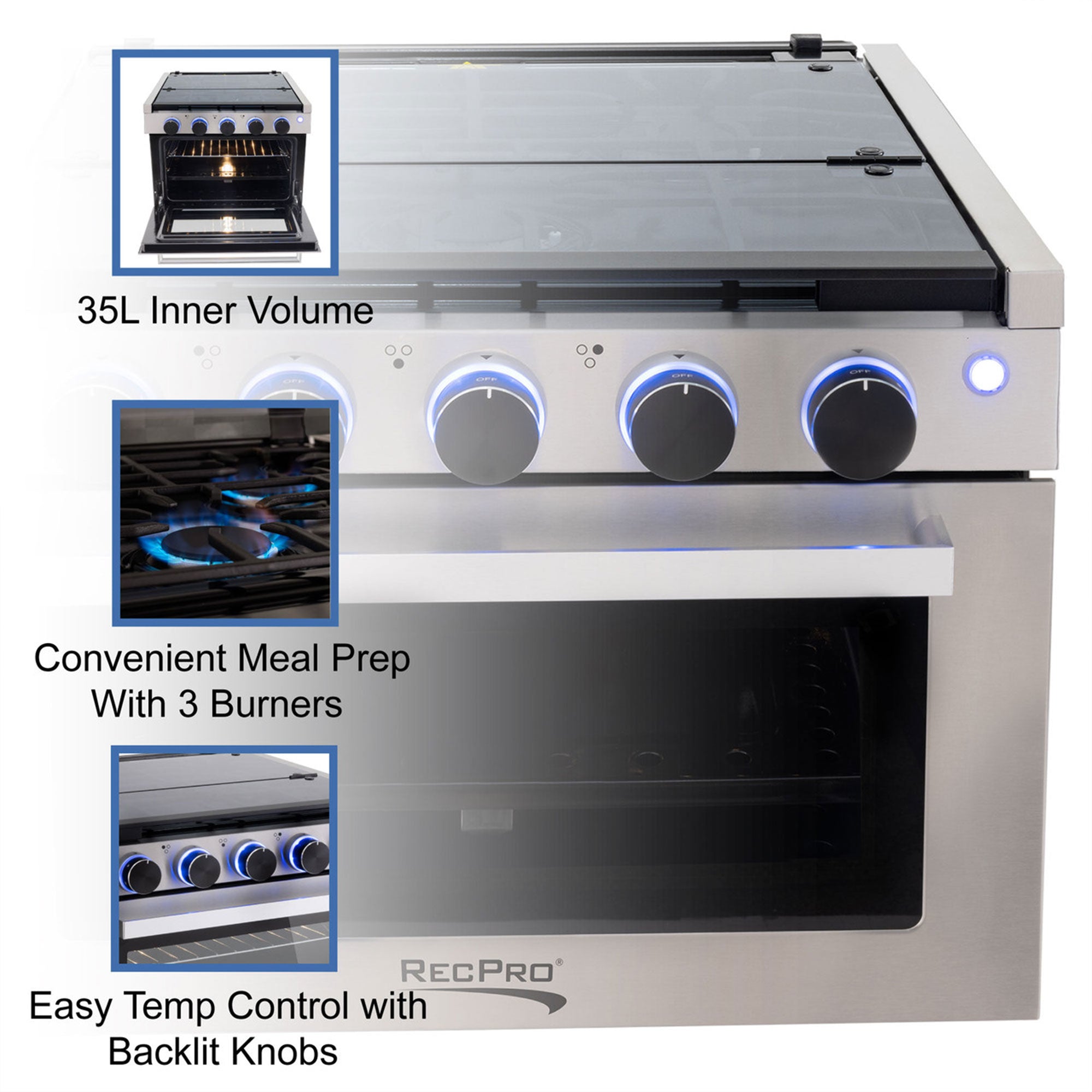 RecPro 21" Tall 3 Burner Propane RV Stove Gas Range without Range Hood, Silver - VMInnovations