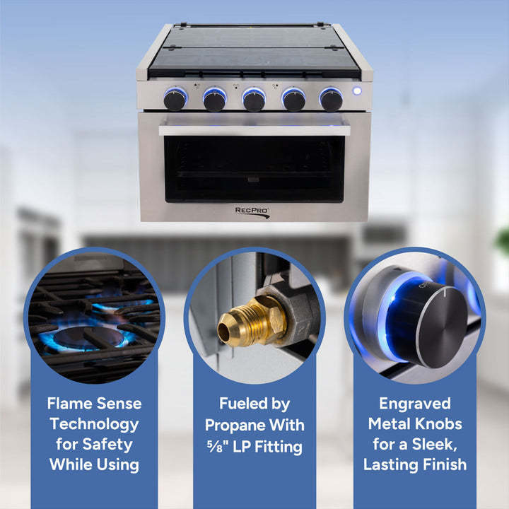 RecPro 21" Tall 3 Burner Propane RV Stove Gas Range without Range Hood, Silver - VMInnovations