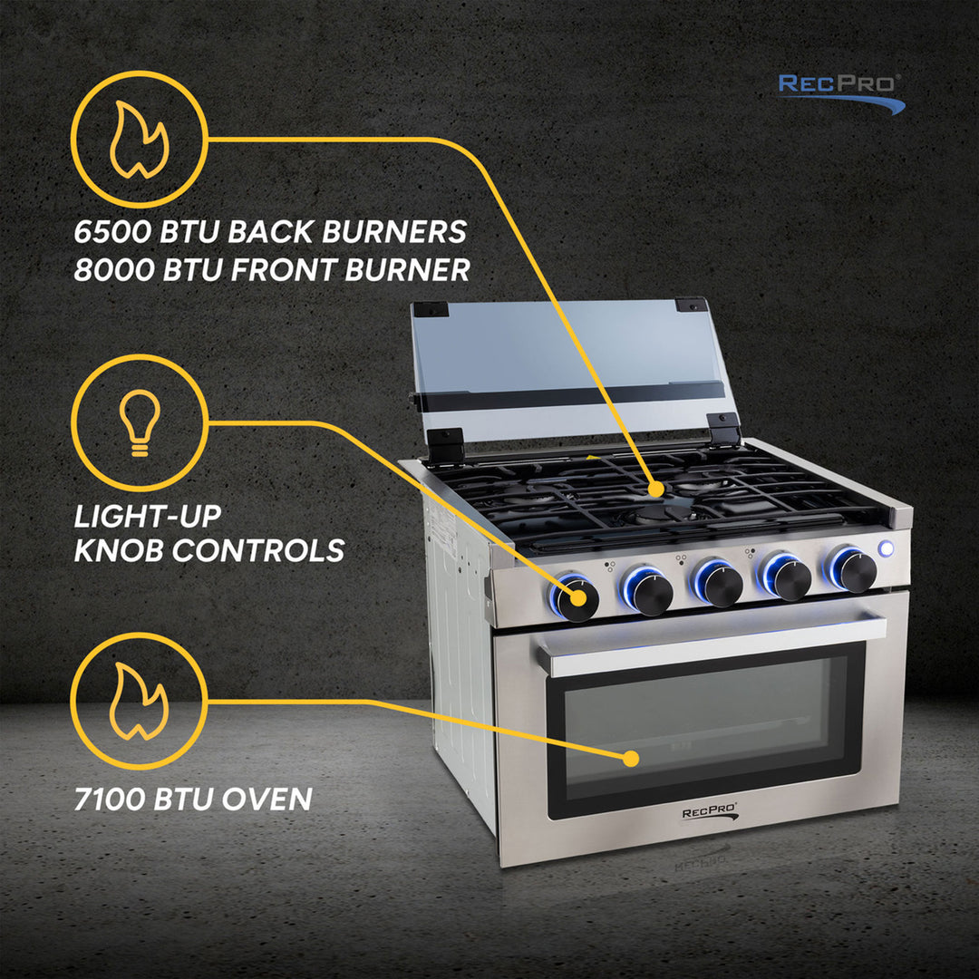 RecPro 21" Tall 3 Burner Propane RV Stove Gas Range without Range Hood, Silver - VMInnovations