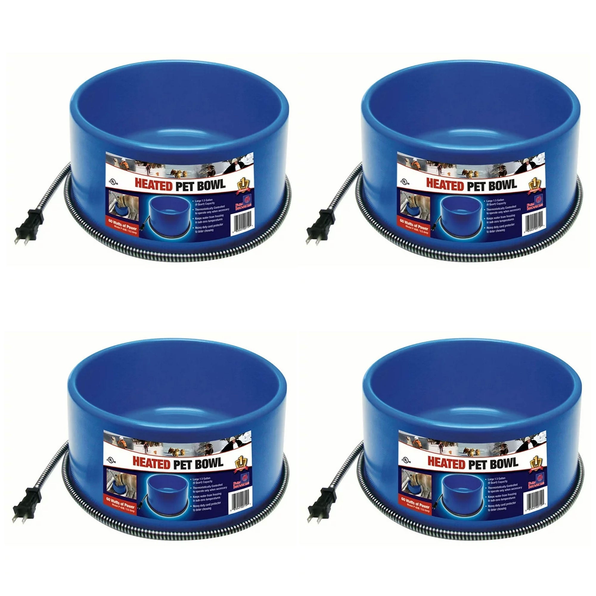 Farm Innovators 60W Premium Plastic Heated Pet Dog/Cat Water Bowl, 4 Pack, Blue