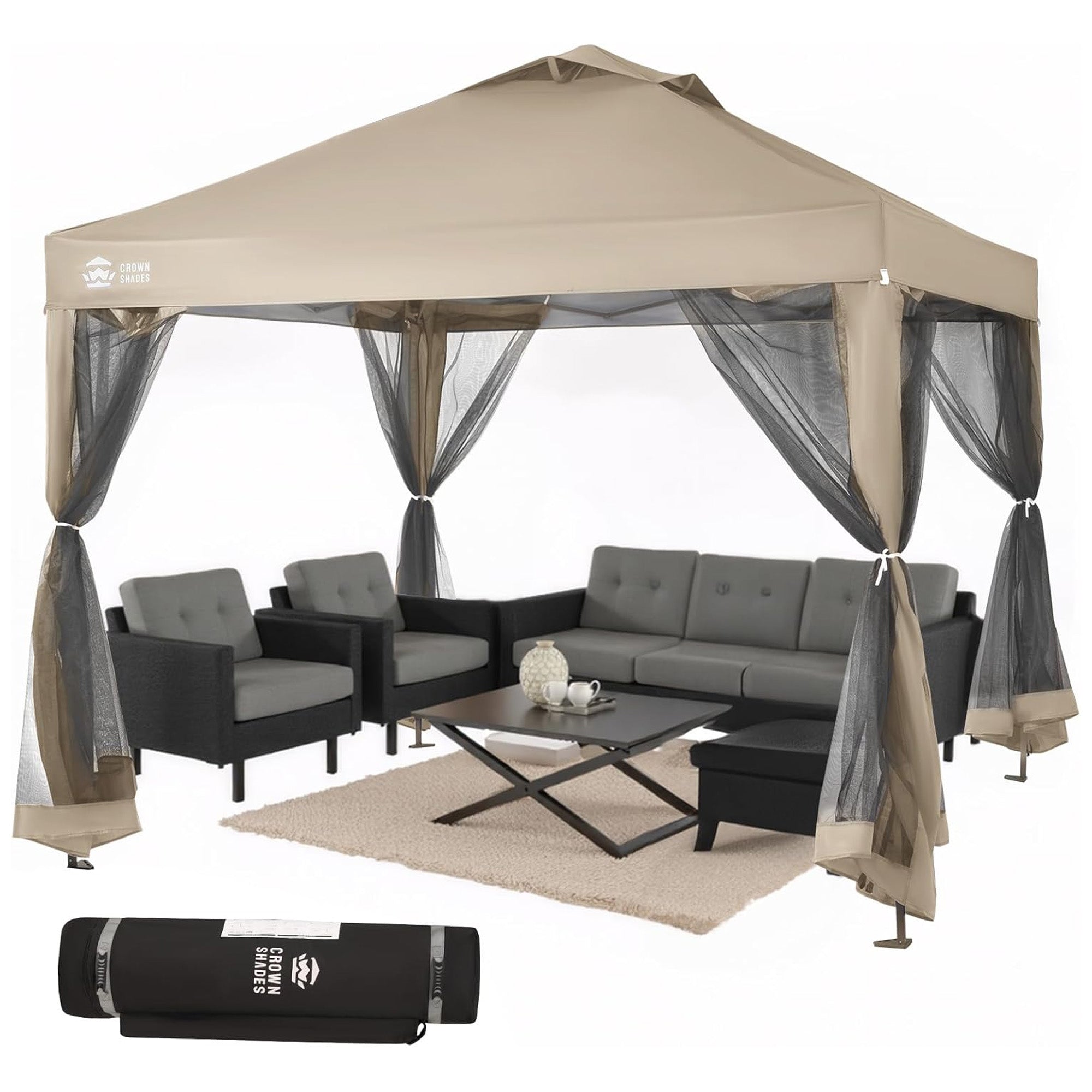 CROWN SHADES Gazebo, 10x10 Canopy Pop Up Screen Tent with Netting, Beige (Used) - VMInnovations