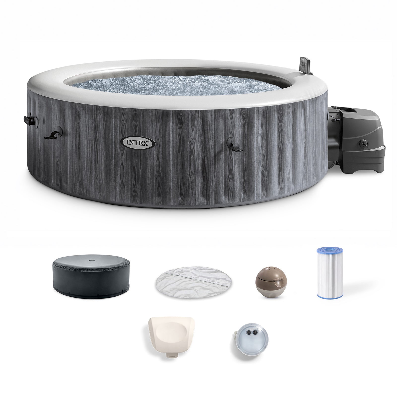 Intex PureSpa Greywood Deluxe Spa Set, 170 Bubble Jet Hot Tub with Cover, 85x28" - VMInnovations