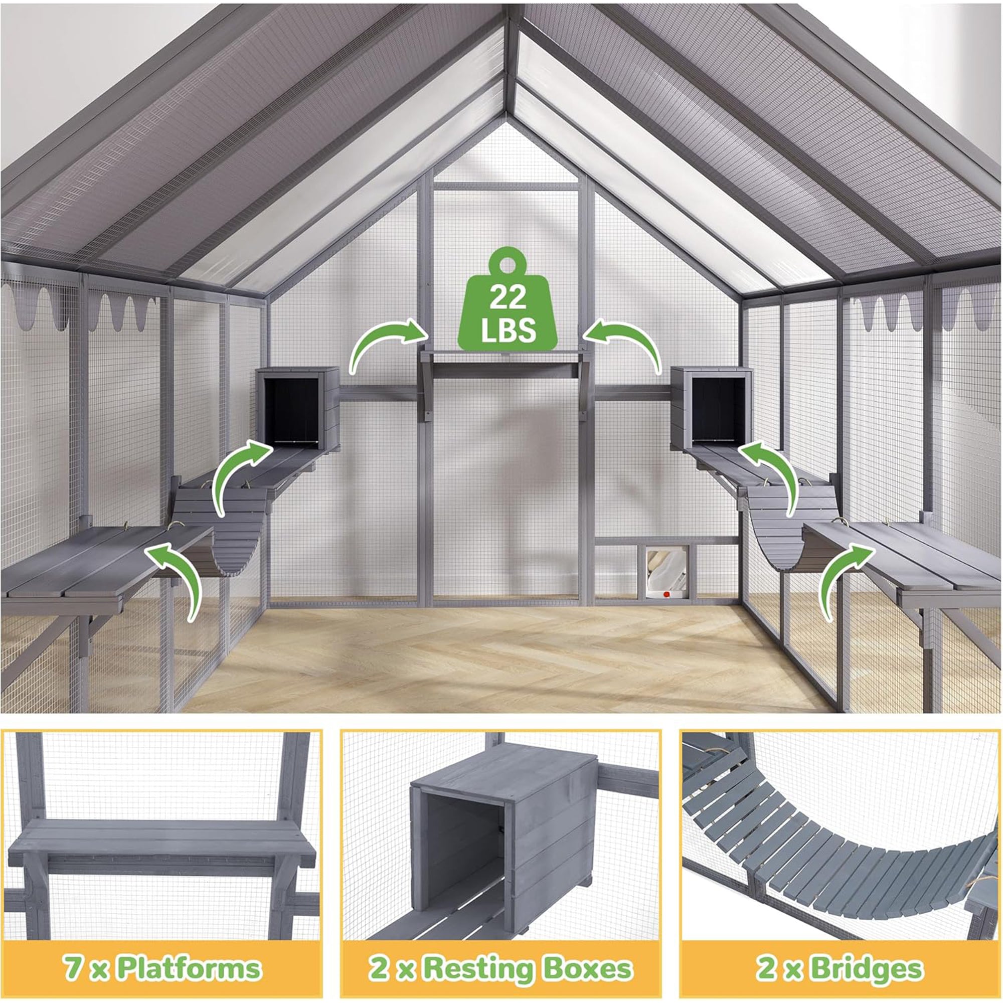 COZIWOW Large Catio Outdoor Cat Enclosure w/Full Cover, Window, 53.5 sq ft, Grey - VMInnovations