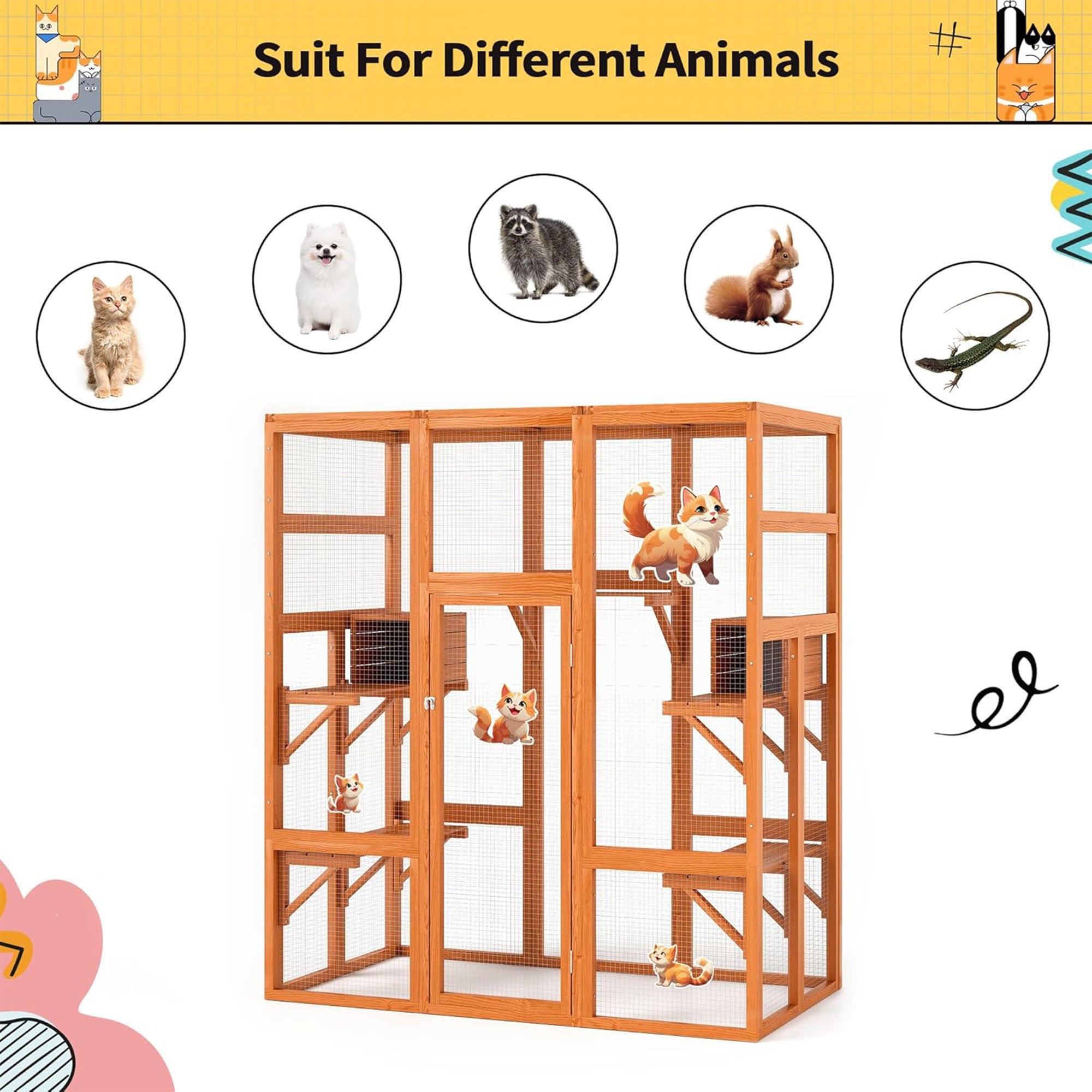 COZIWOW 70" Large Wooden Outdoor Cat House w/ Perches, UV-Resistant Roof, Orange - VMInnovations