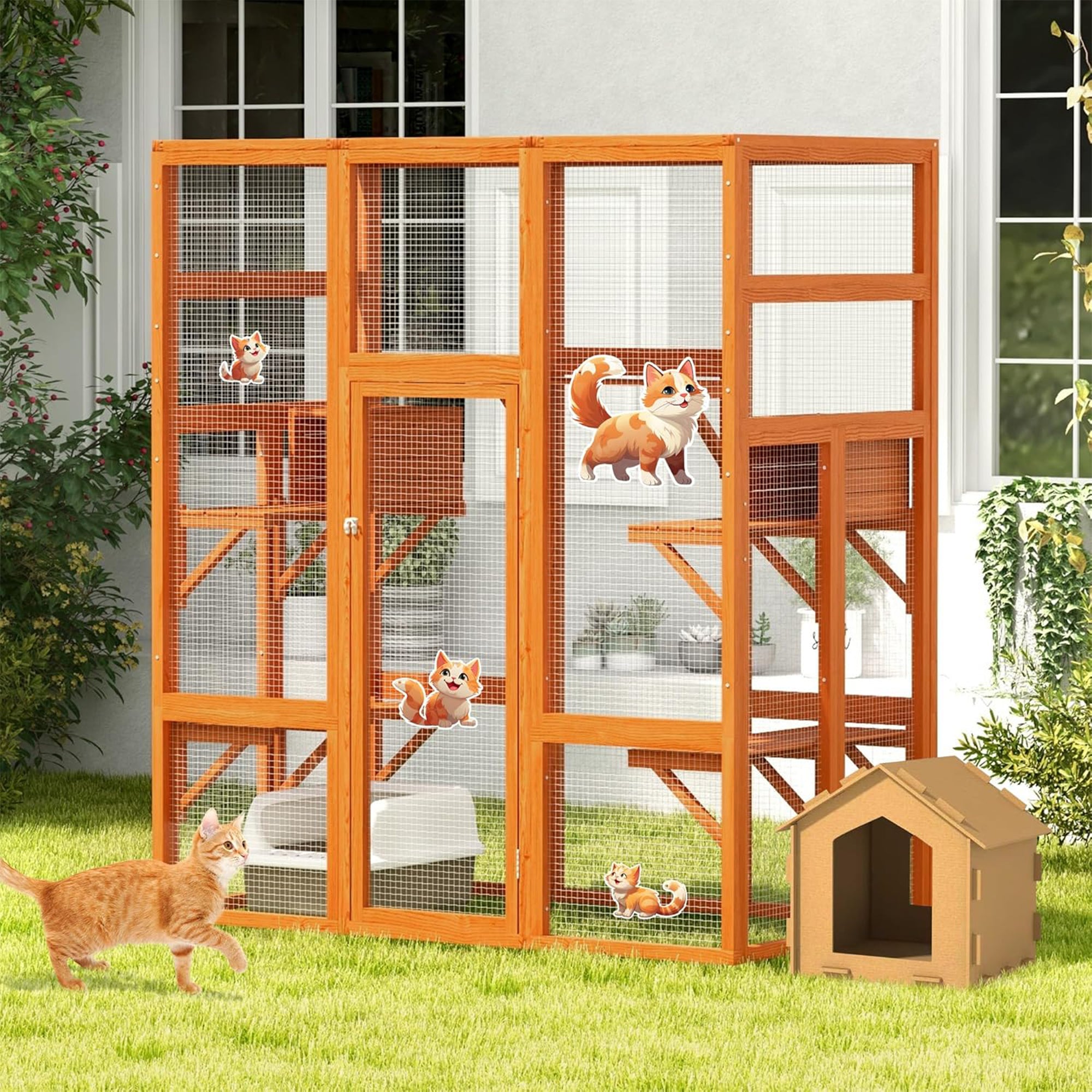 COZIWOW 70" Large Wooden Outdoor Cat House w/ Perches, UV-Resistant Roof, Orange - VMInnovations