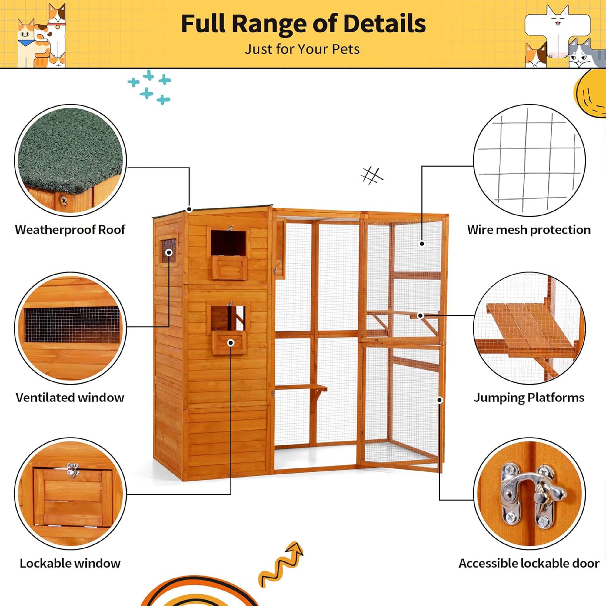 COZIWOW Large Outdoor Cat Catio, 4-Tier Enclosure with 2 Resting Rooms, Orange - VMInnovations