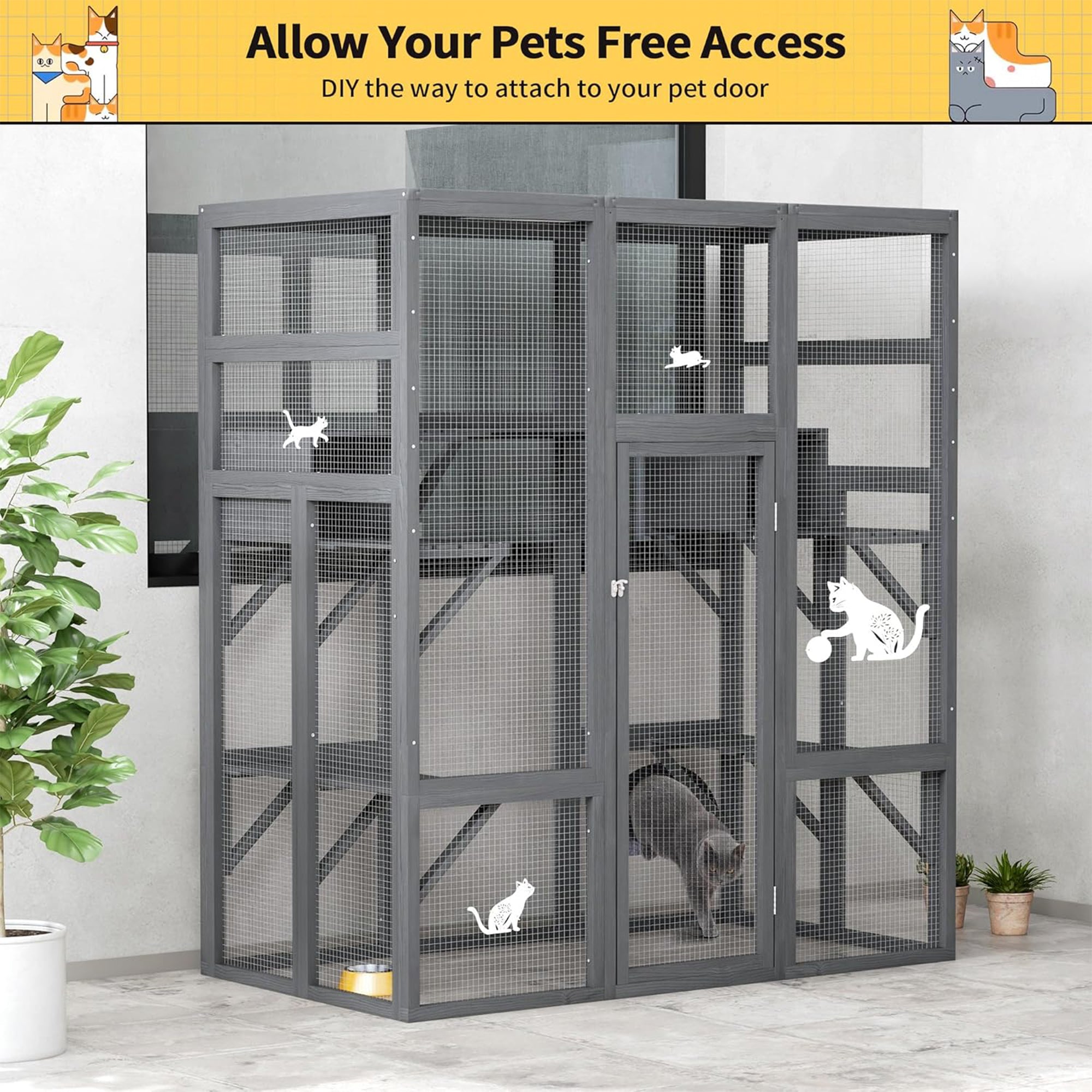 COZIWOW 70" Large Wooden Outdoor Cat House with Perches, UV-Resistant Roof, Grey - VMInnovations