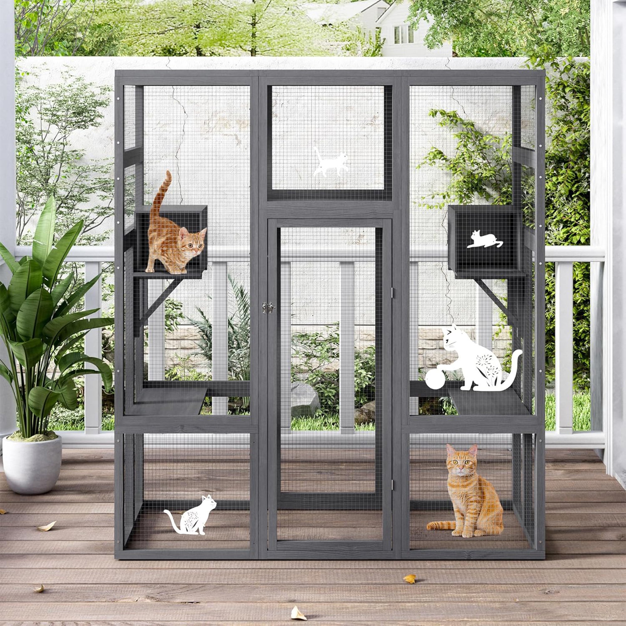 COZIWOW 70" Large Wooden Outdoor Cat House with Perches, UV-Resistant Roof, Grey - VMInnovations