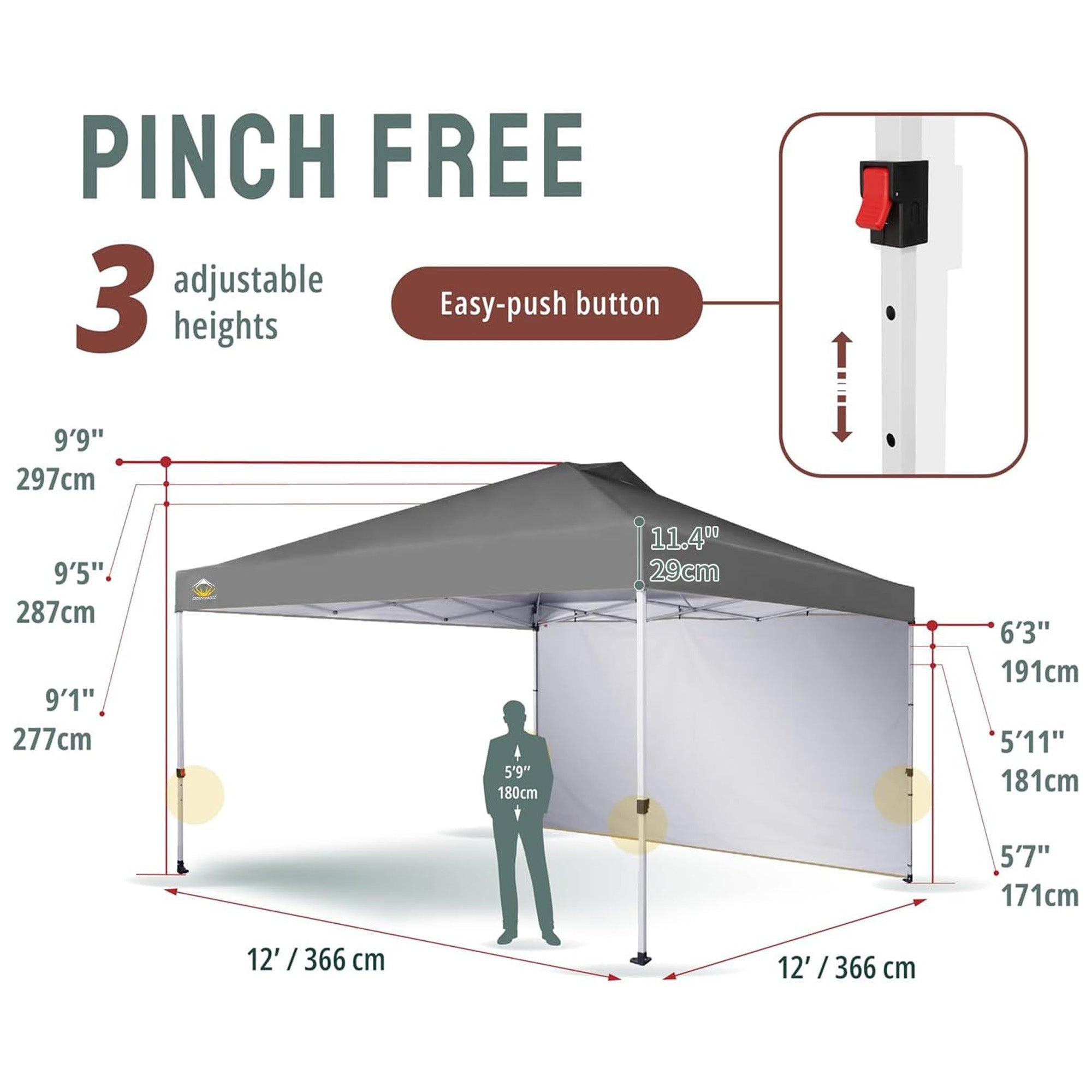 Crown Shades 12x12 Pop Up Canopy, Tent w/Removable Sidewall, Grid Grey (Used) - VMInnovations