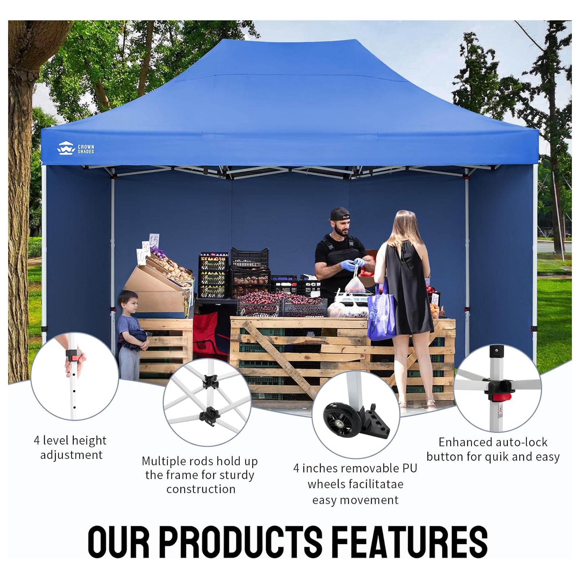 CROWN SHADES 10x15 Pop Up Canopy w/4 Sidewalls, Tent for Events, Blue(Used) - VMInnovations