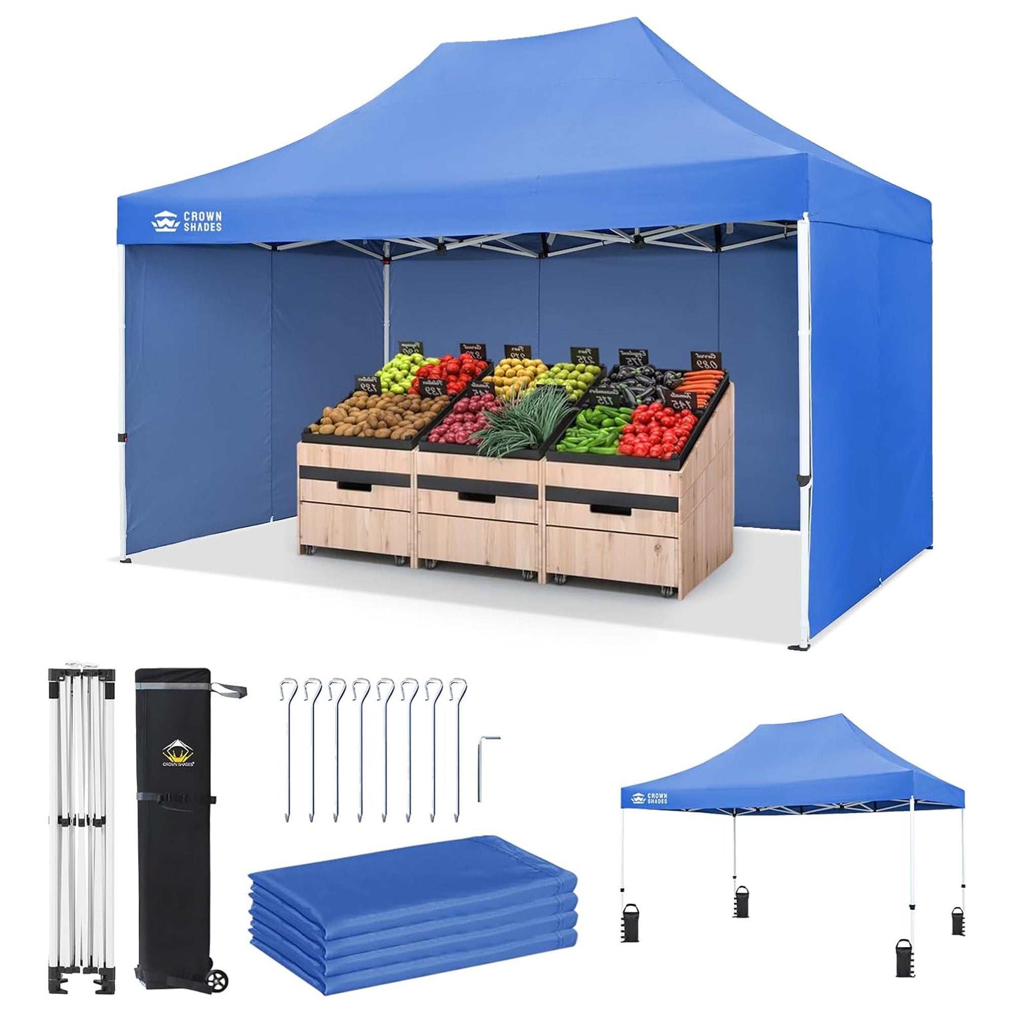 CROWN SHADES 10x15 Pop Up Canopy w/4 Sidewalls, Tent for Events, Blue(Used) - VMInnovations