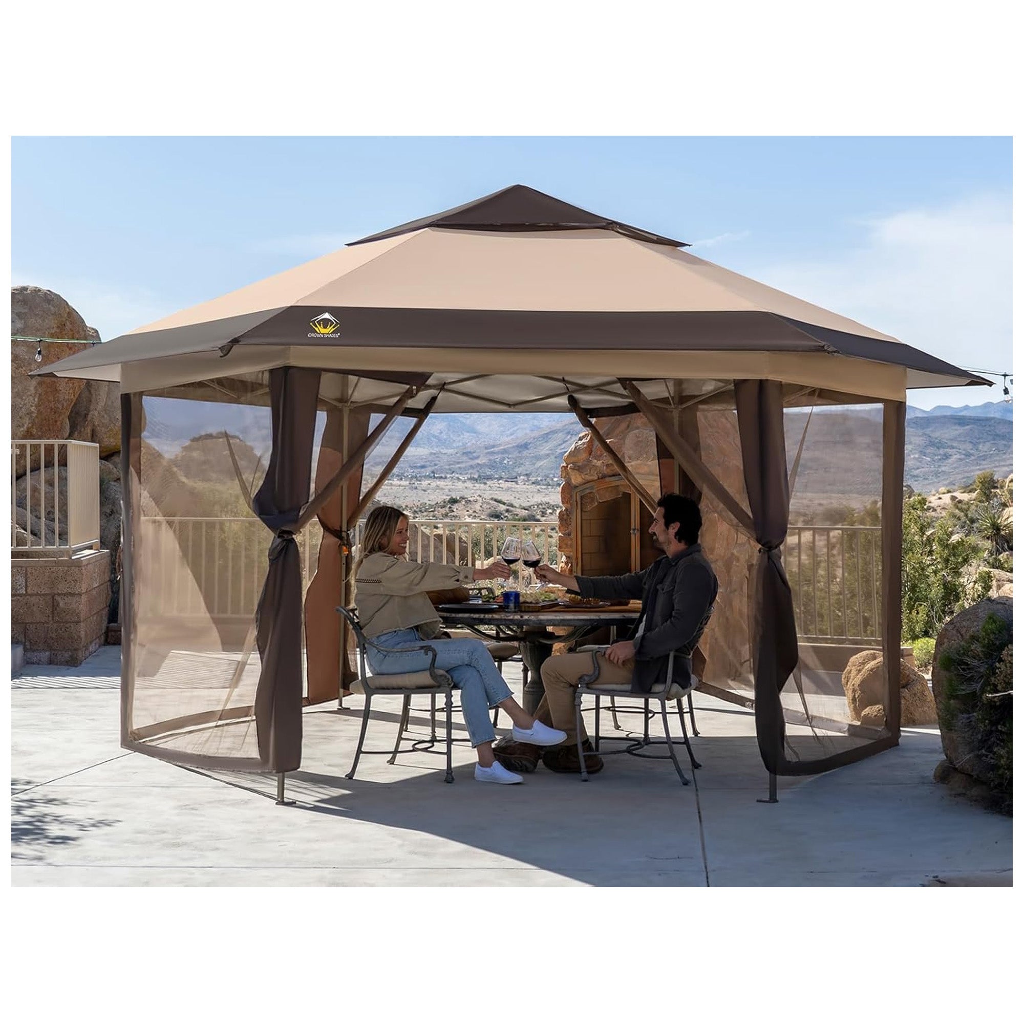 CROWN SHADES 13x13 Pop Up Gazebo, Canopy Tent for Events, Beige/Coffee (Used) - VMInnovations