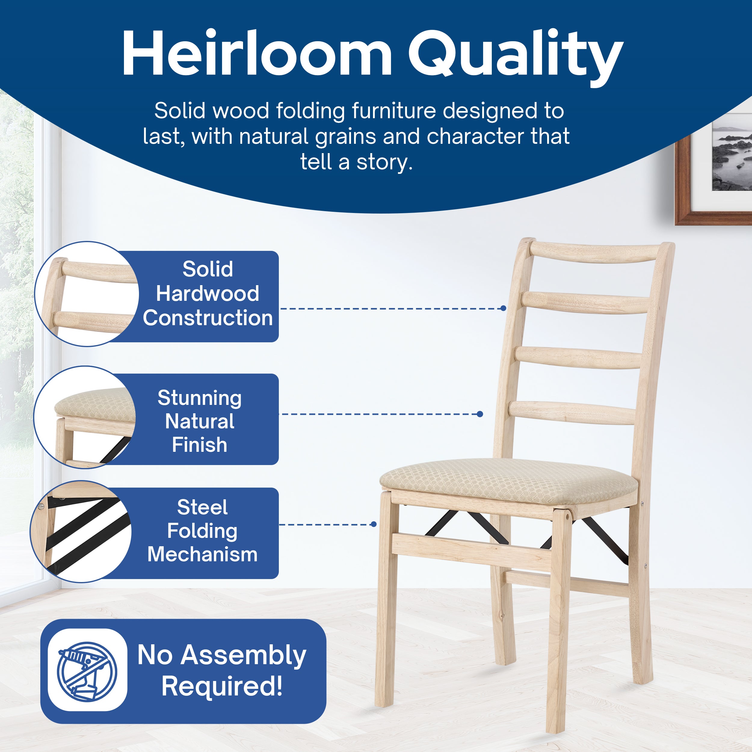 Stakmore Shaker Ladderback Upholstered Folding Chairs, Set of 2, Unfinished - VMInnovations