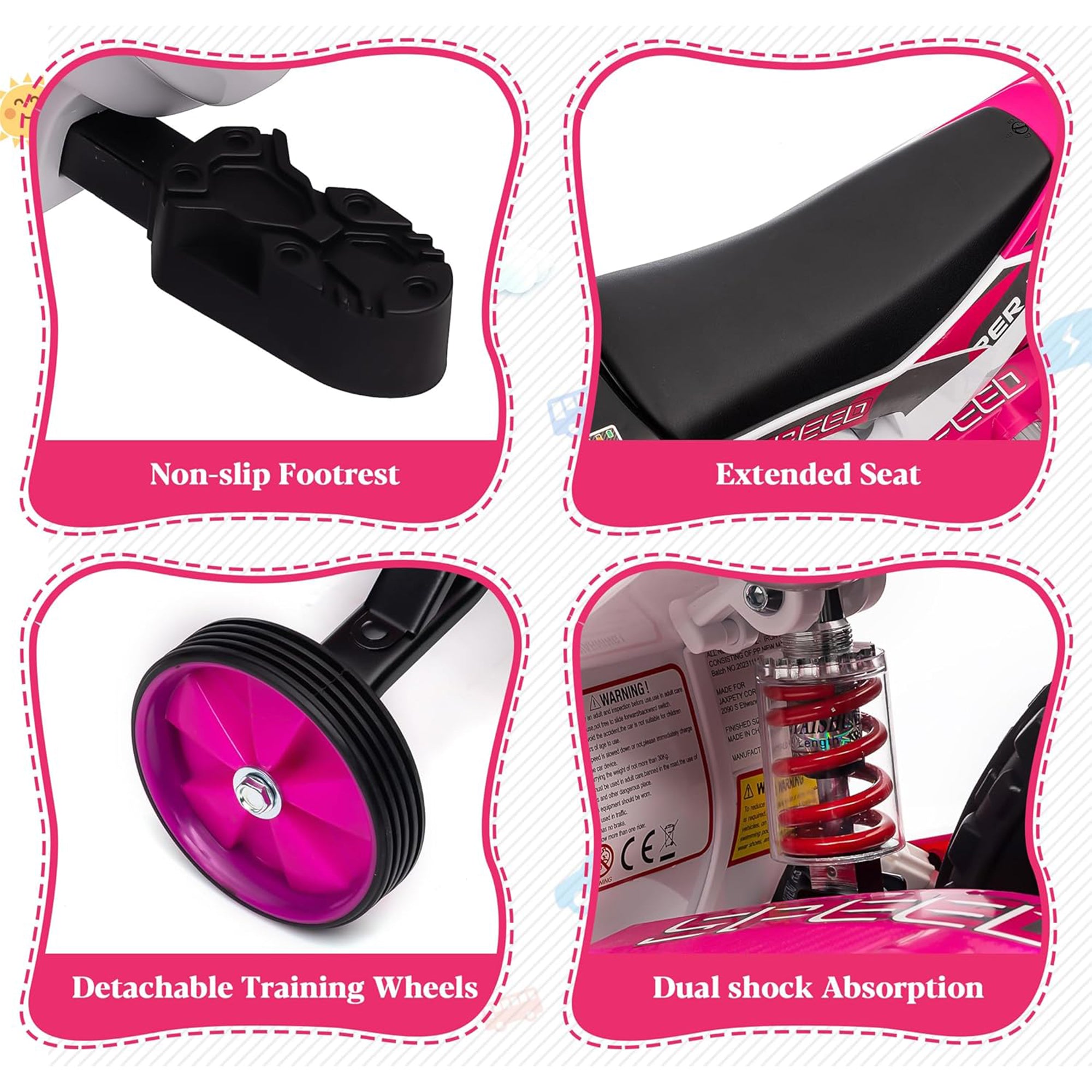 TOBBI 12 Volt Toddler Motorcycle Kids Dirt Bike with Training Wheels, Rose Pink - VMInnovations