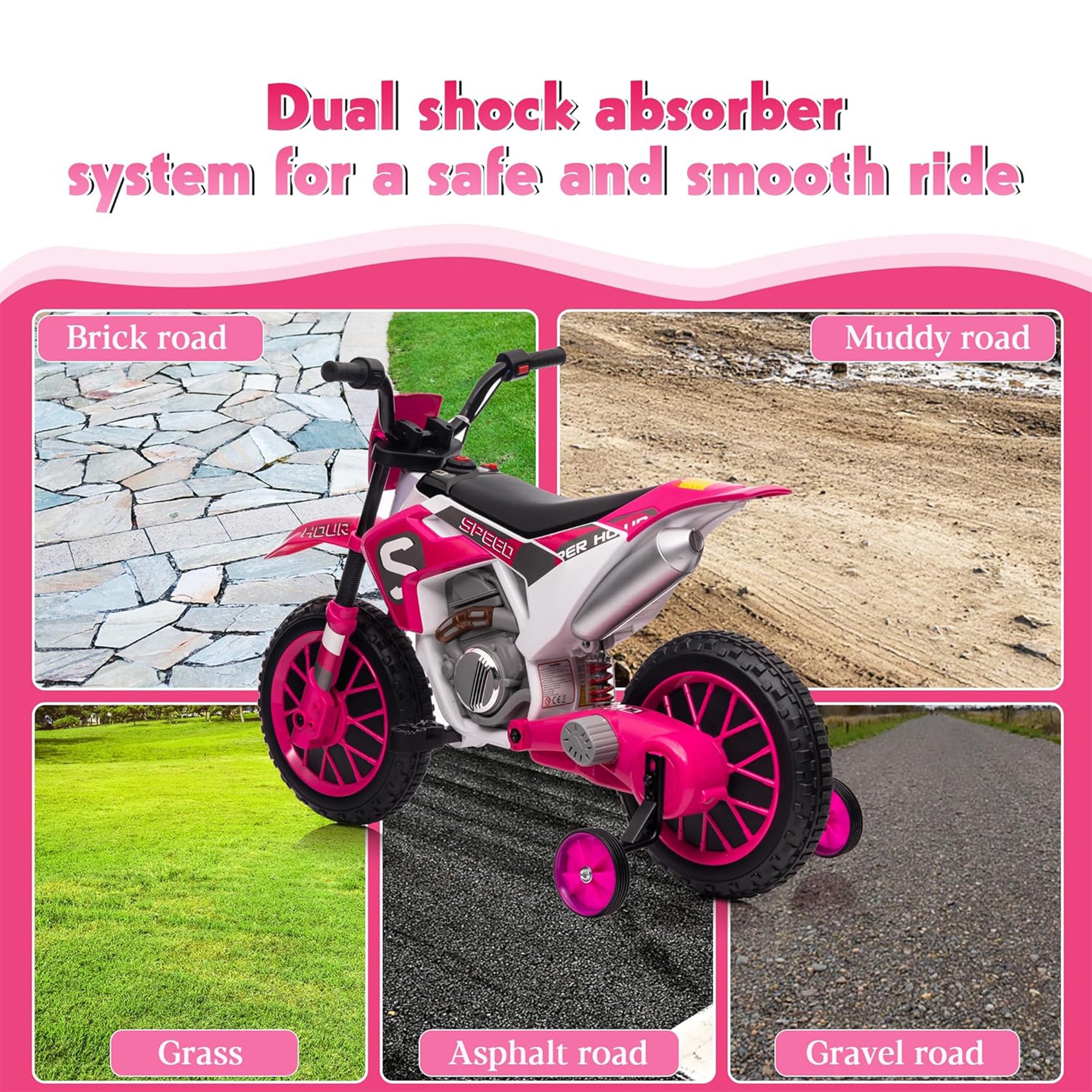 TOBBI 12 Volt Toddler Motorcycle Kids Dirt Bike with Training Wheels, Rose Pink - VMInnovations
