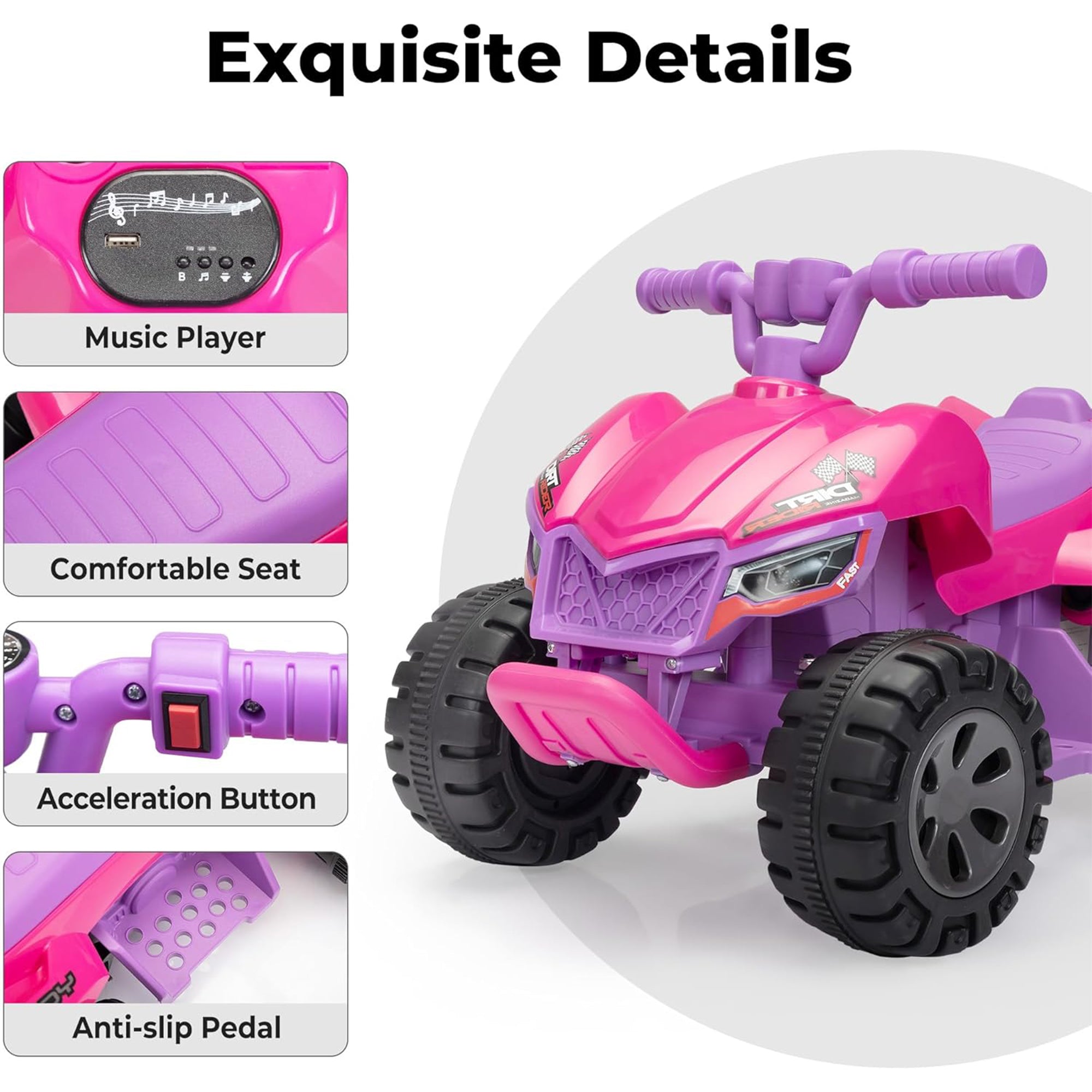 TOBBI Ride On 6 Volt ATV Car with Rear Mist Sprayer & LED Lights for Kids, Pink - VMInnovations