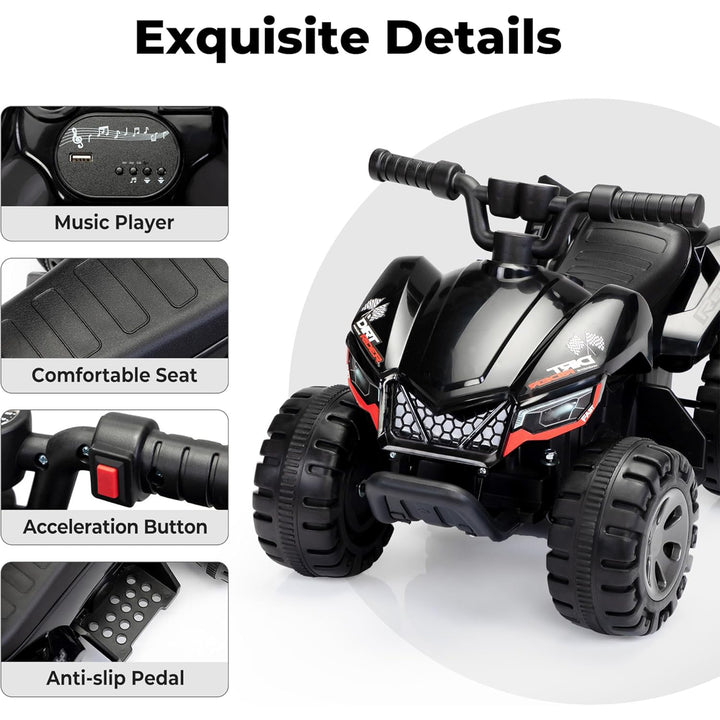 TOBBI Ride On 6 Volt ATV Car with Rear Mist Sprayer & LED Lights for Kids, Black - VMInnovations