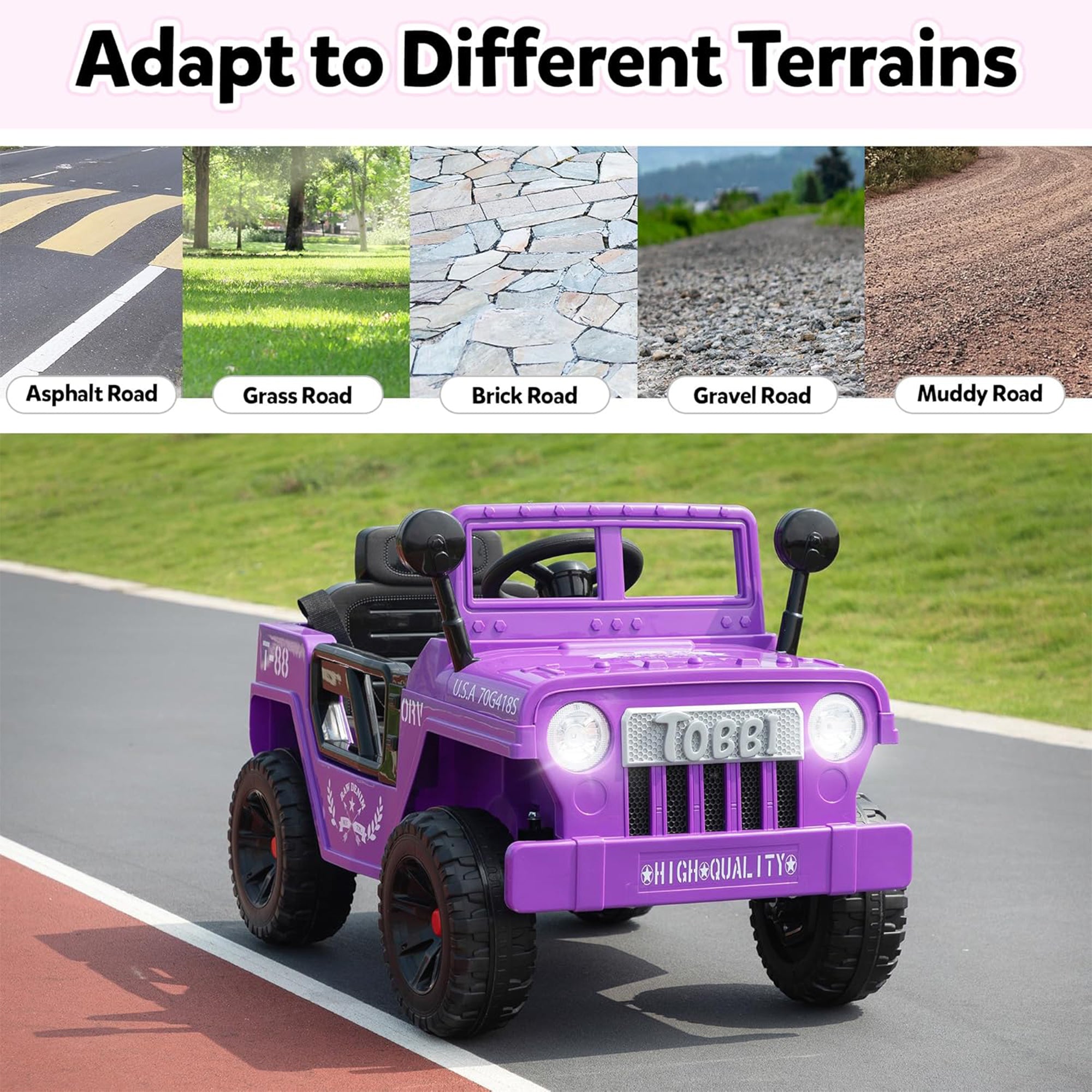 TOBBI 12V Kids Ride-On Truck Electric Car w/ Off-Road Wheels, LED Lights, Purple - VMInnovations
