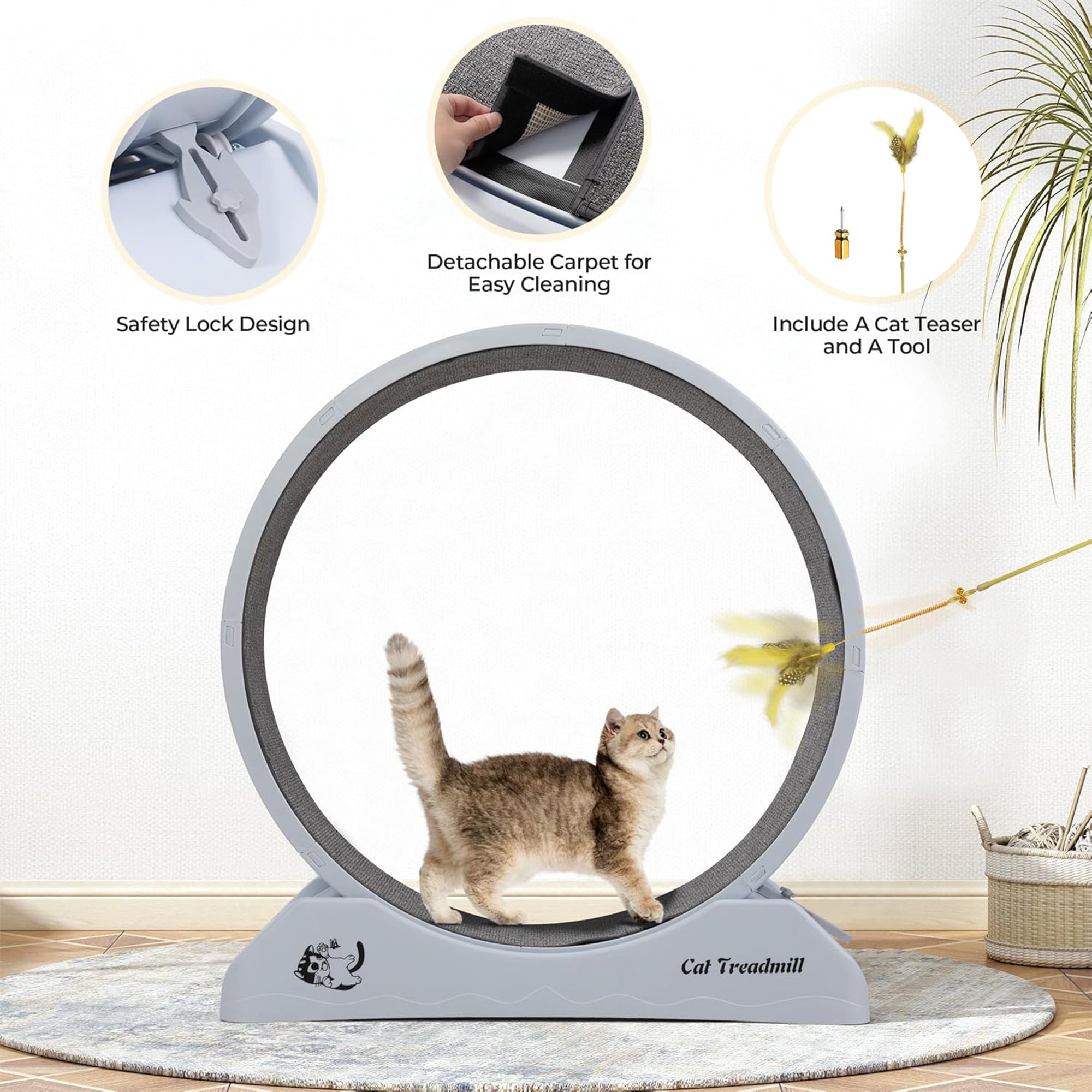 COZIWOW 31.5” Lockable Cat Exercise Wheel with Removable Carpet, Light Grey - VMInnovations
