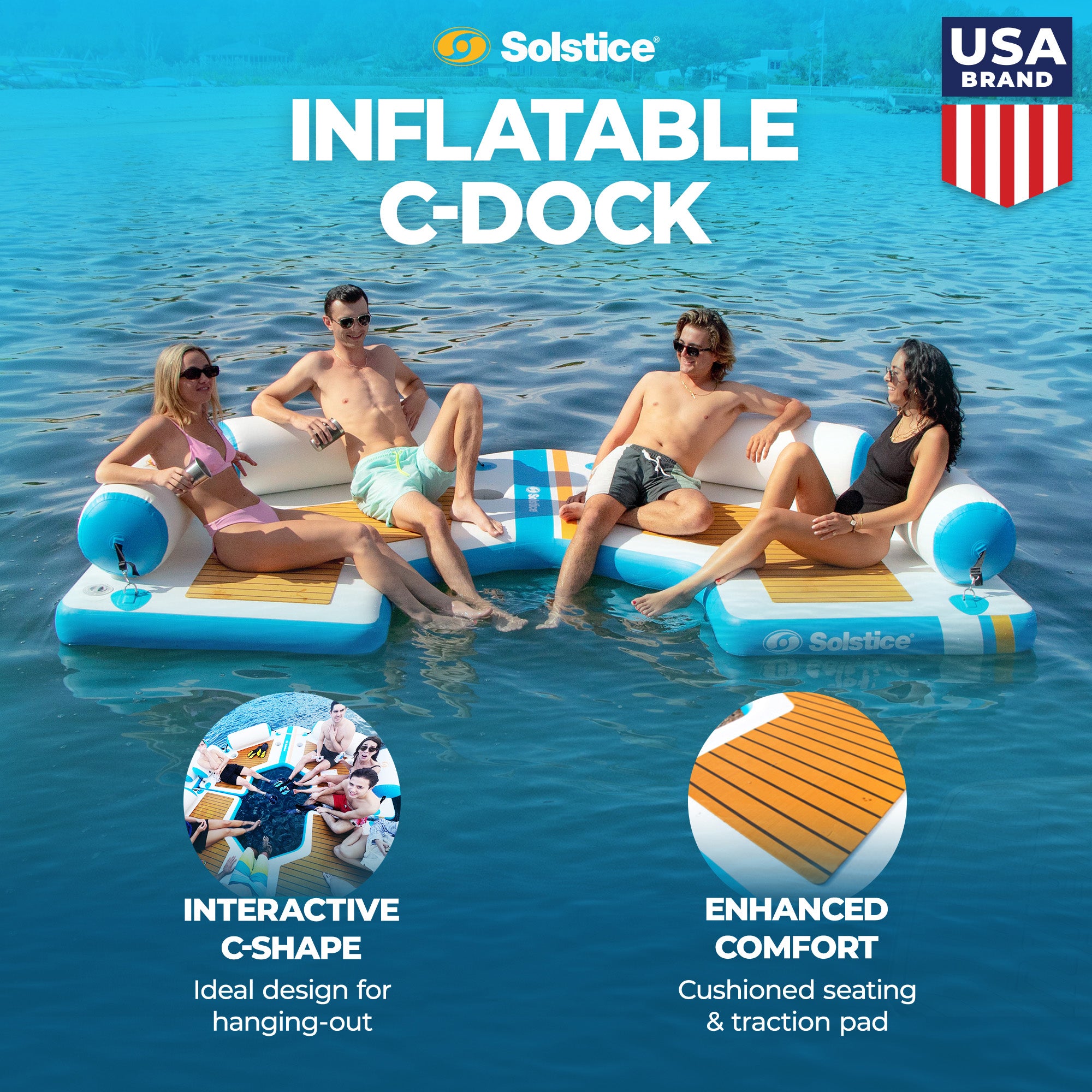 Solstice Original Inflatable Floating C-Dock Platform 11 Foot Water Mat Lounger - VMInnovations
