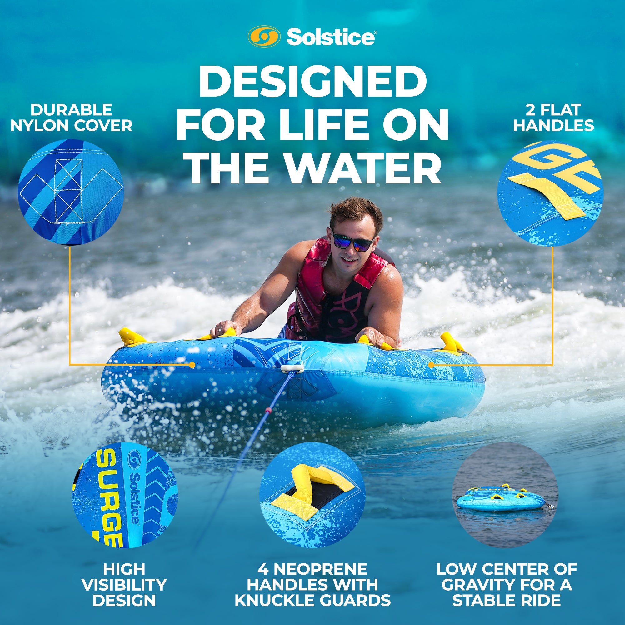 Solstice Surge Inflatable Towable 2-Person Water Sport Tube with 6 Handles - VMInnovations