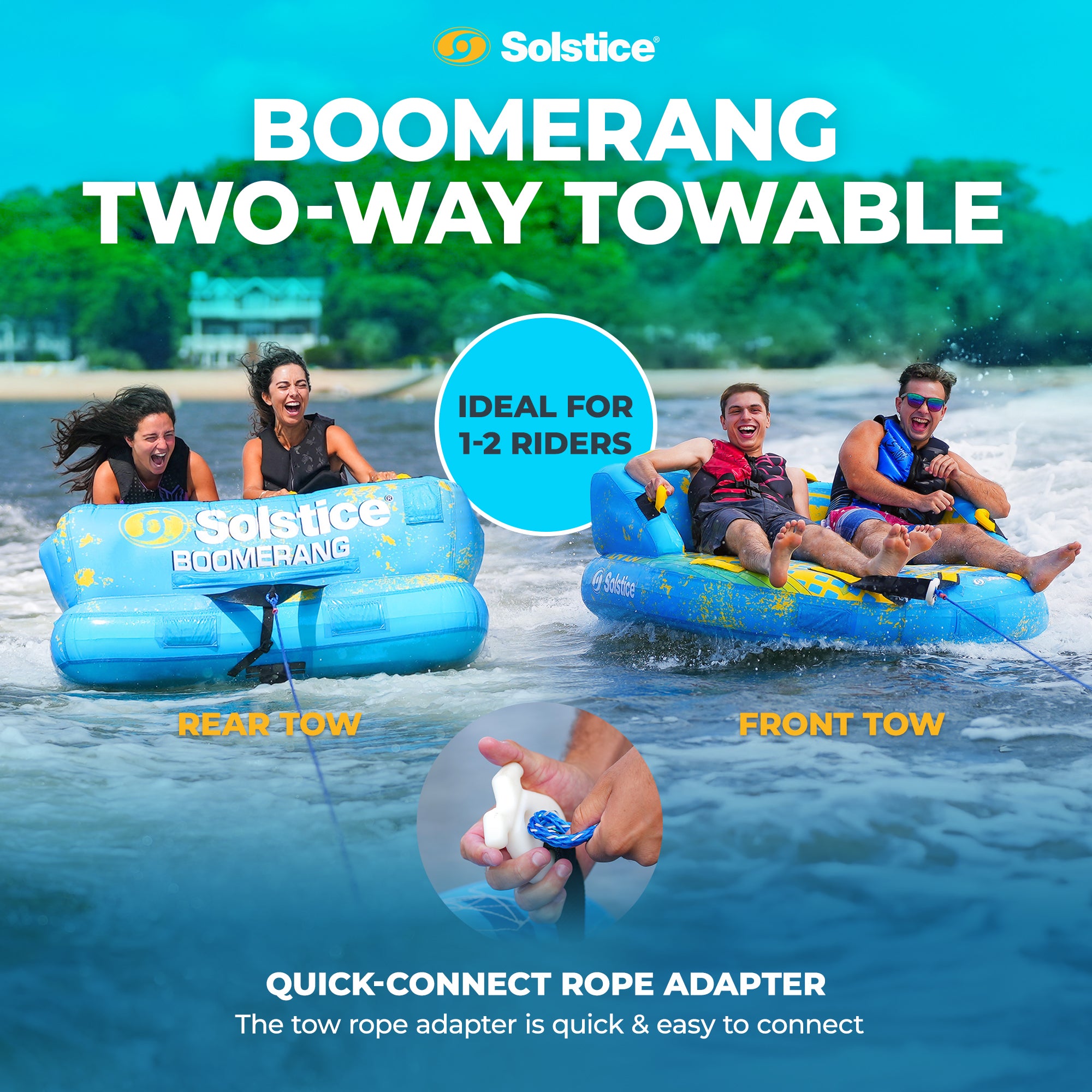 Solstice Boomerang Inflatable Towable 2-Person Water Sport Tube with 14 Handles - VMInnovations