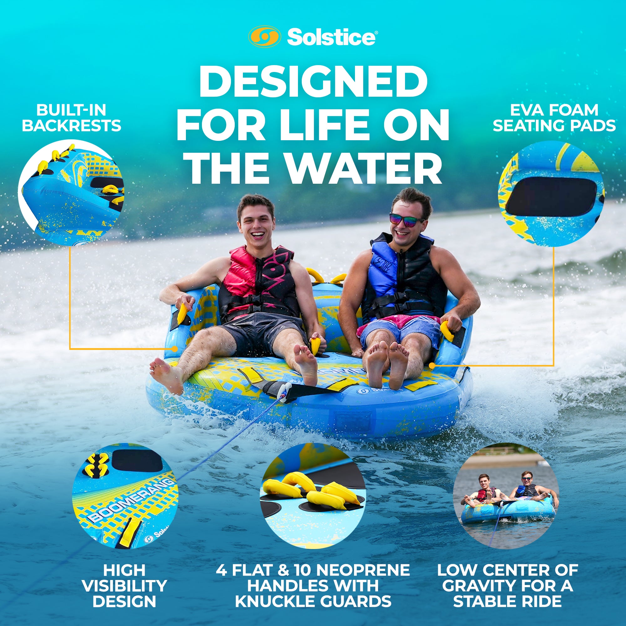 Solstice Boomerang Inflatable Towable 2-Person Water Sport Tube with 14 Handles - VMInnovations