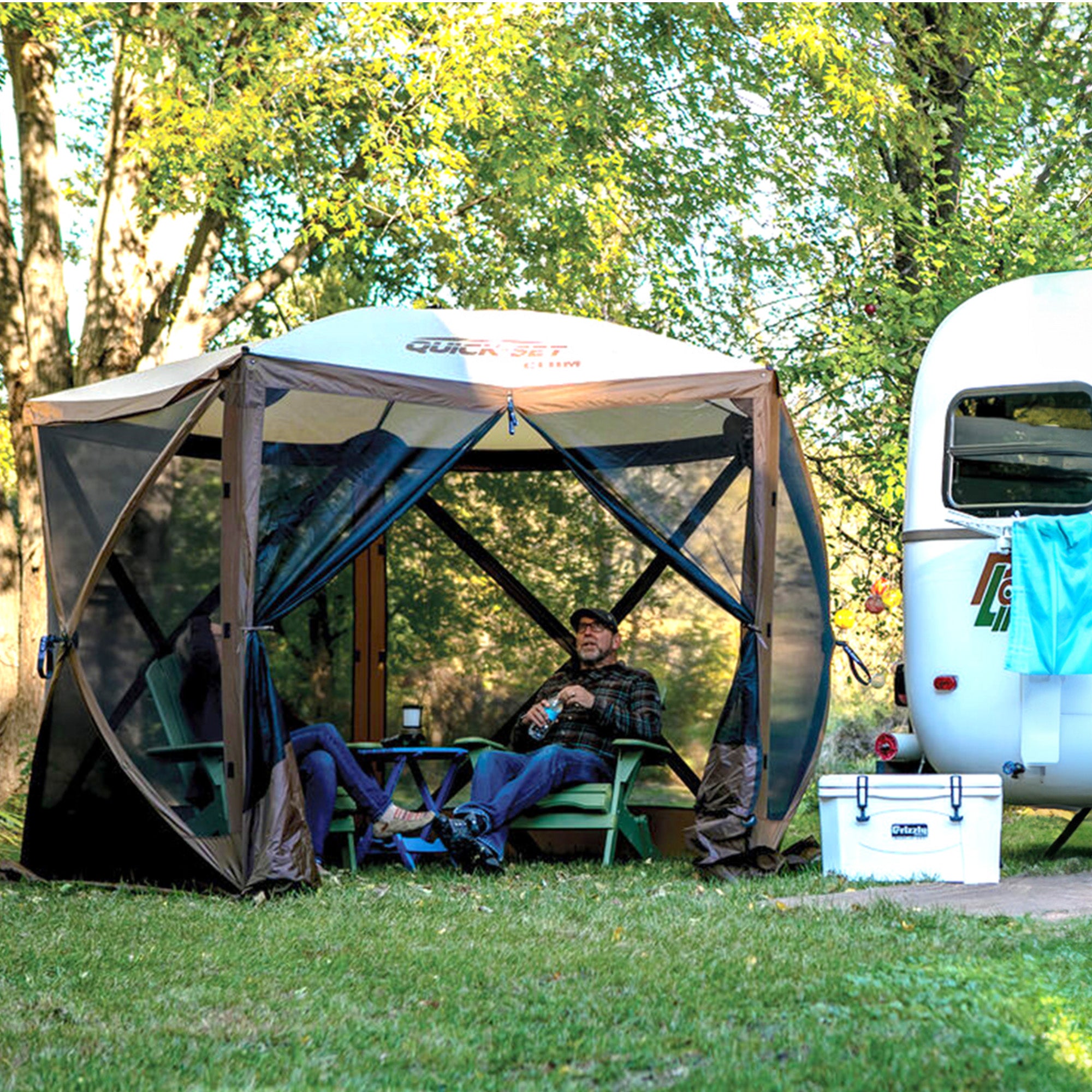 CLAM Quick-Set Adventure 9x9 Ft Portable Camping Canopy Shelter, Brown(Open Box) - VMInnovations