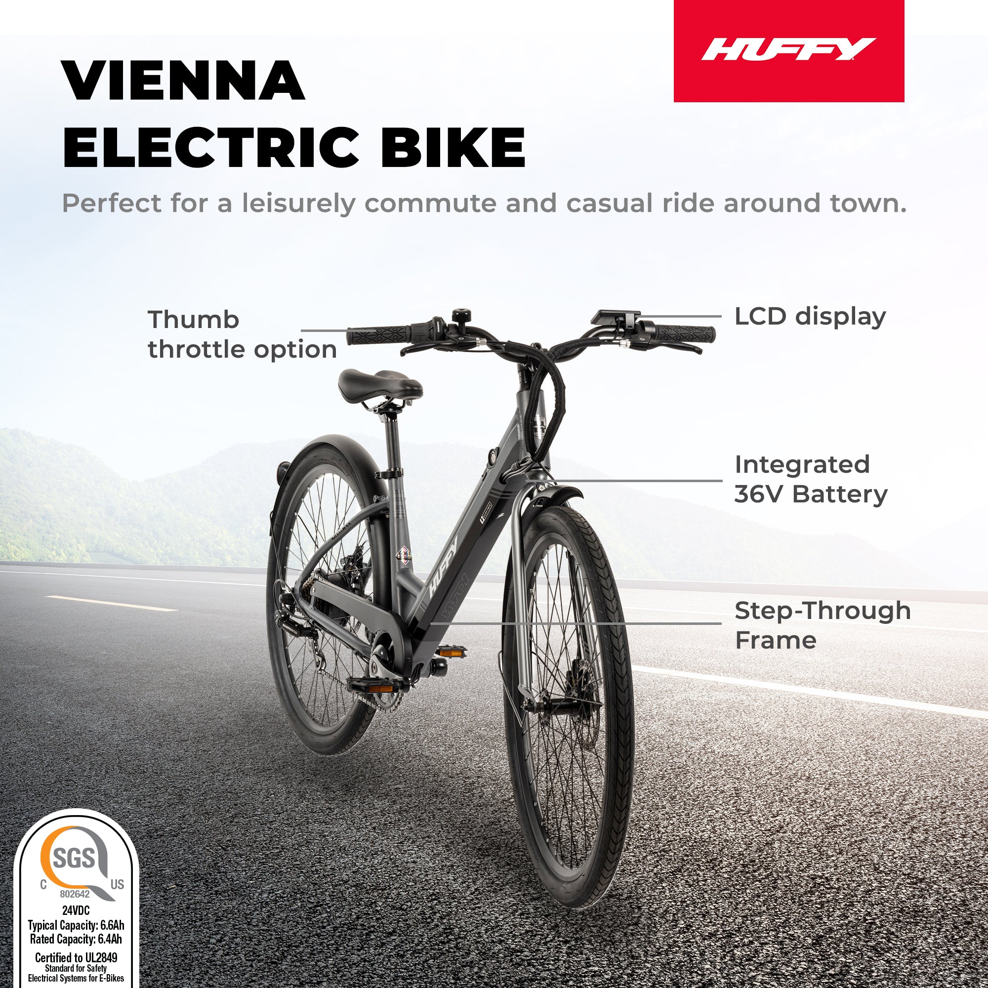 Huffy Vienna EBike for Adults, 27.5 Inch Electric Comfort Bike, Matte Storm - VMInnovations
