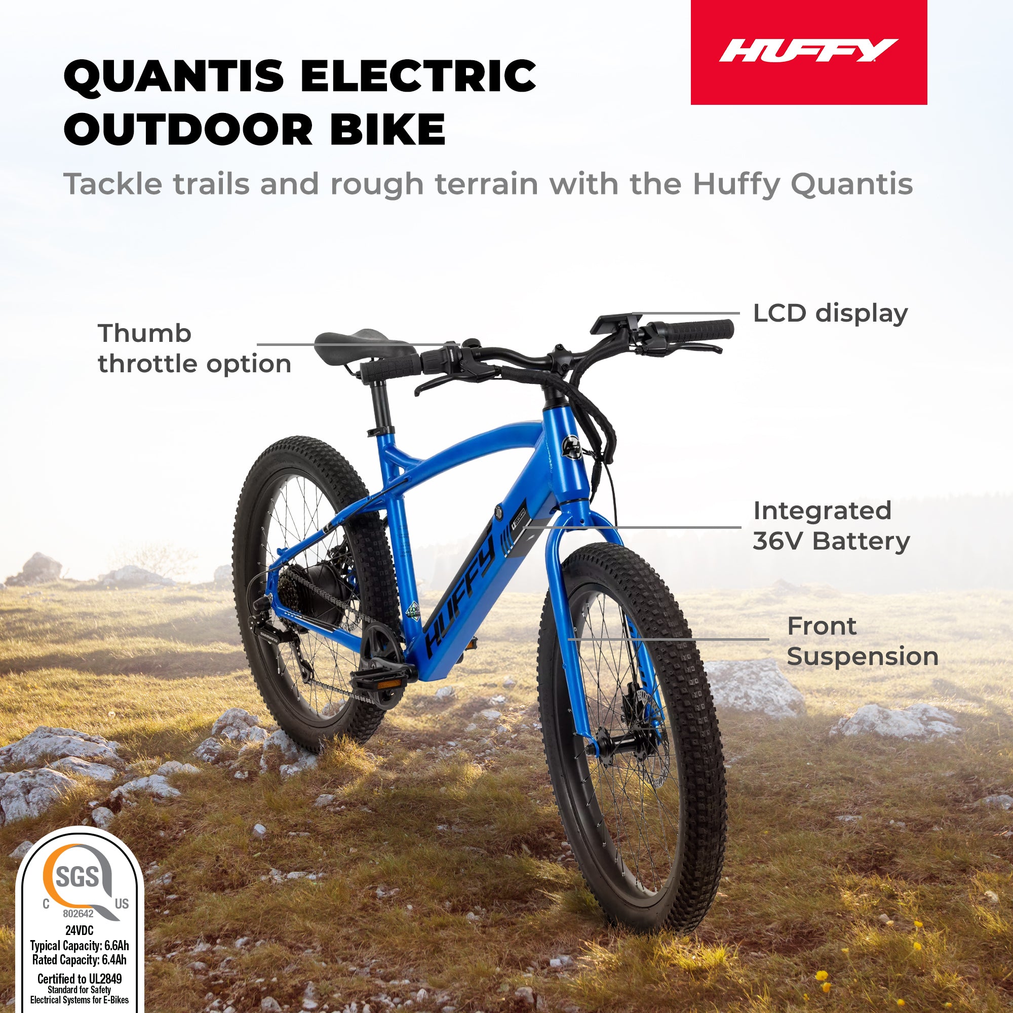 Huffy 24 Inch Quantis 250W Motor Outdoor Electric Bike, Ages 13+, Matte Cobalt - VMInnovations