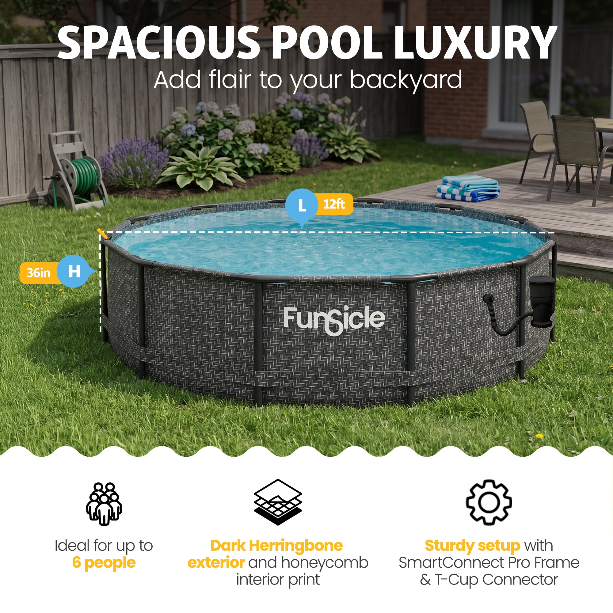 Funsicle 12' x 36" Oasis Designer Round Above Ground Pool, Dark Herringbone - VMInnovations