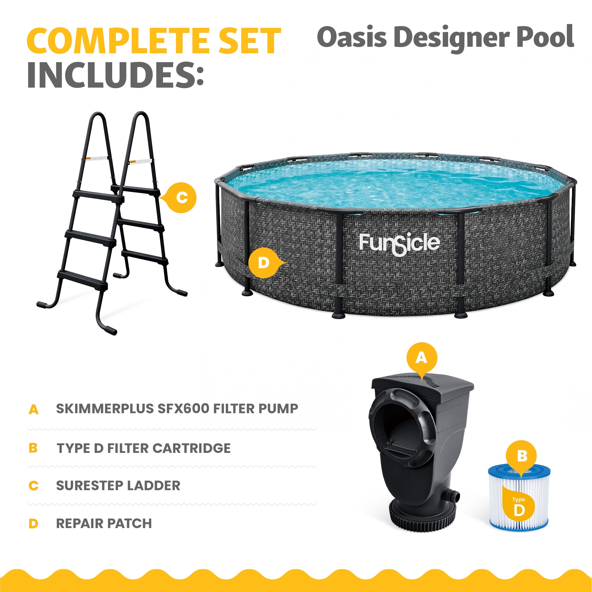 Funsicle 12' x 36" Oasis Designer Round Above Ground Pool, Dark Herringbone - VMInnovations