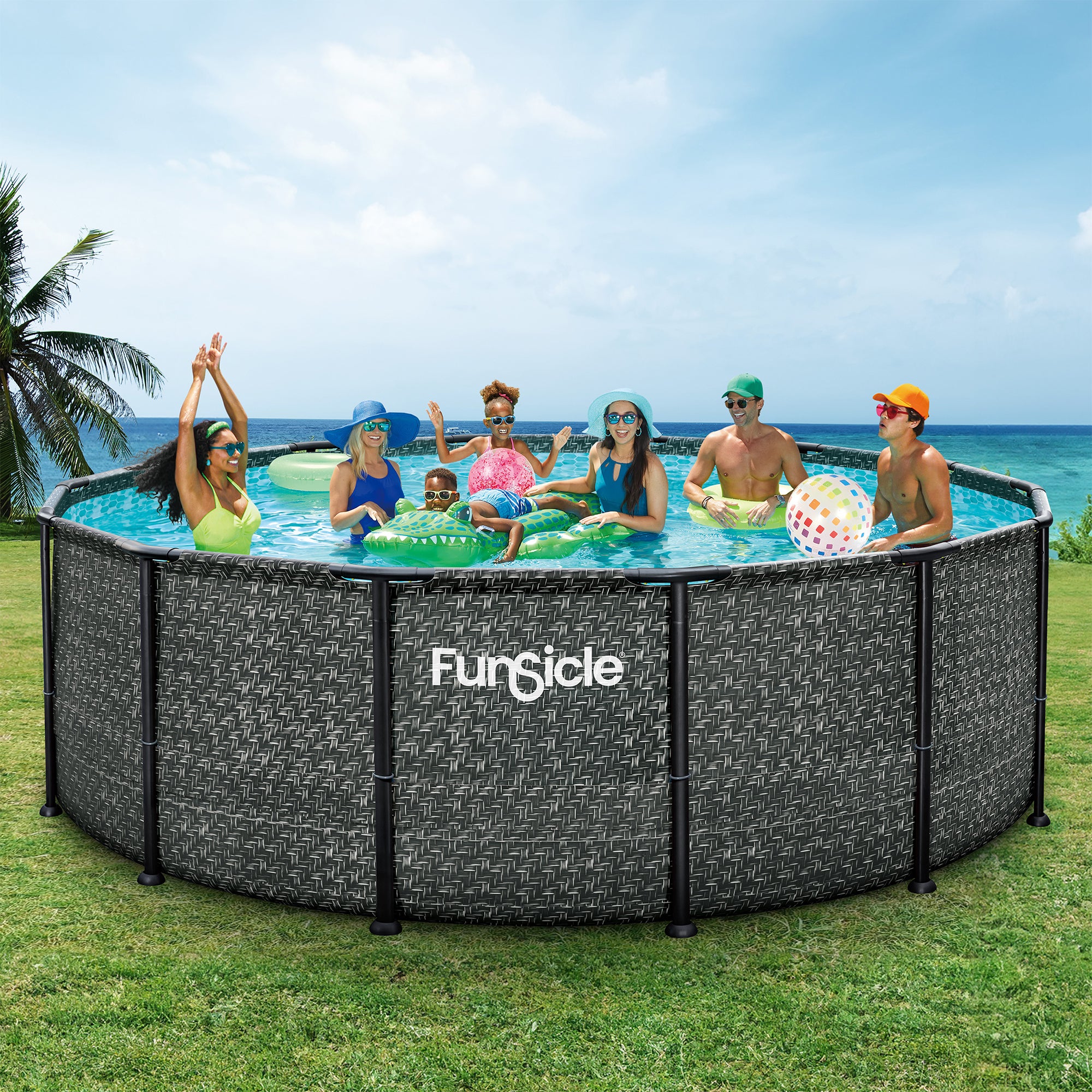 Funsicle 14' x 48" Oasis Designer Round Above Ground Pool,Dark Herringbone(Used) - VMInnovations