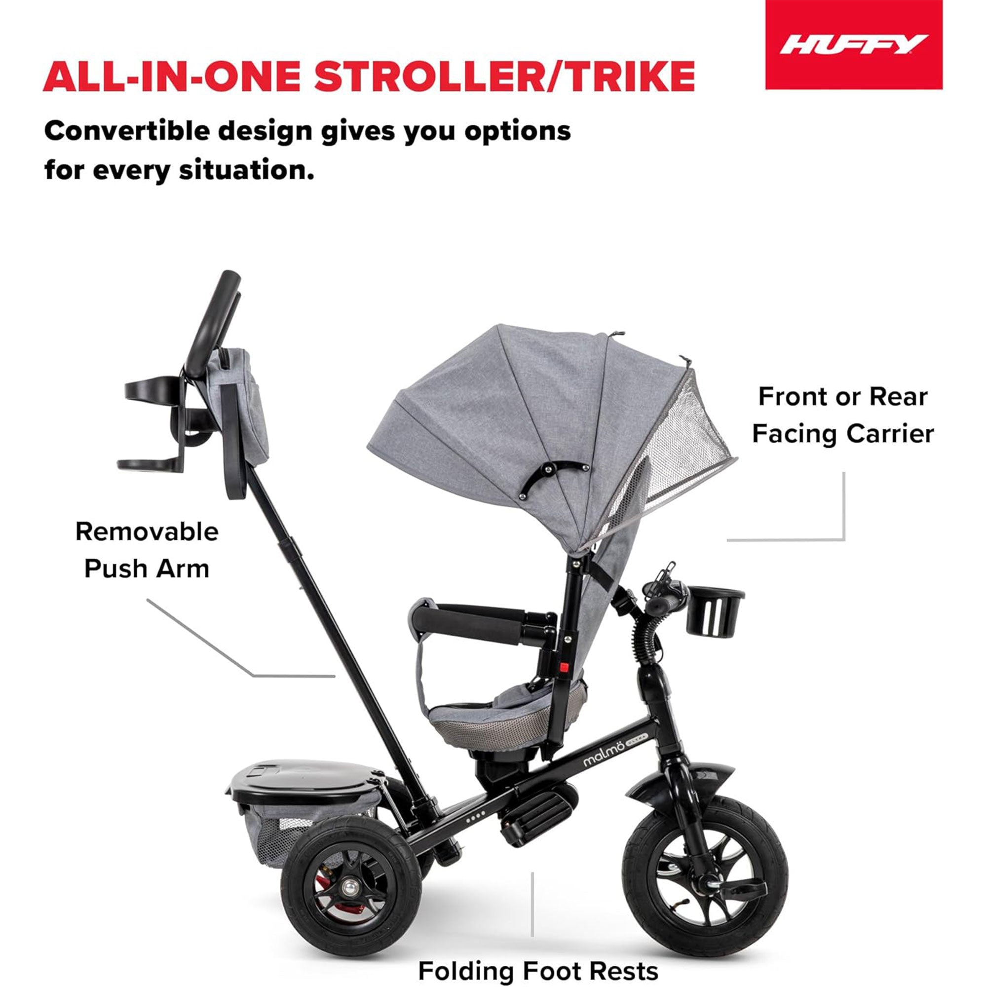Huffy Malmo Luxe 4 in 1 Canopy Tricycle w/ Push Handle for Toddlers, Gray/Black - VMInnovations