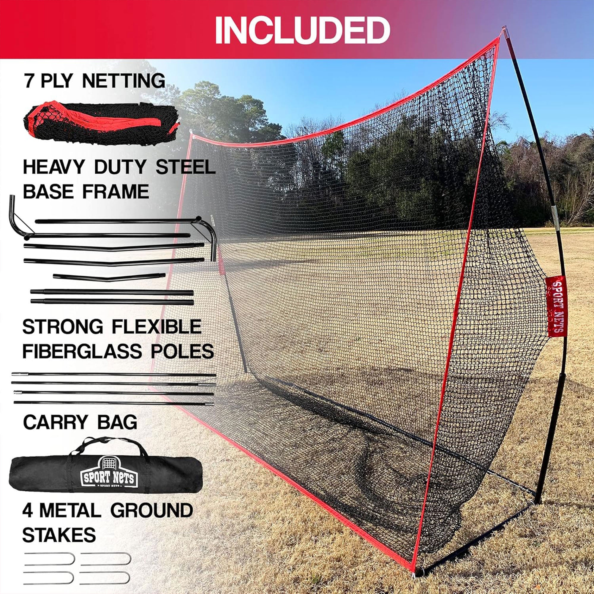 Hit Run Steal 10 x 7 Feet Golf Hitting Net for Indoor/Outdoor Use, Red/Black - VMInnovations