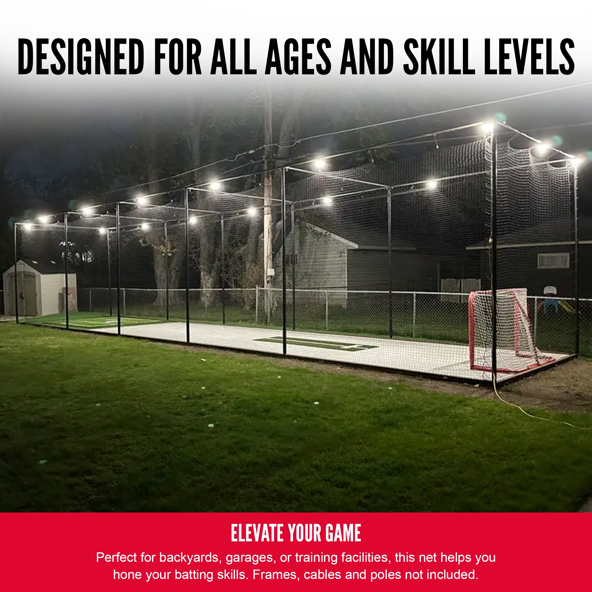 Hit Run Steal 10 x 10 x 35 Feet Premium Batting Cage Net Only, 1.75" Mesh, Black - VMInnovations
