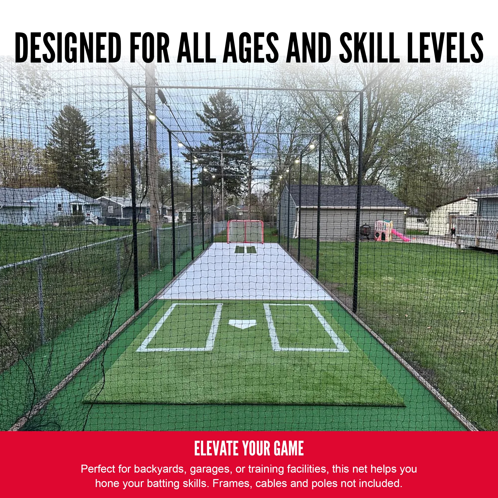 Hit Run Steal 12 x 14 x 70 Feet Premium Batting Cage Net Only, 1.75" Mesh, Black - VMInnovations