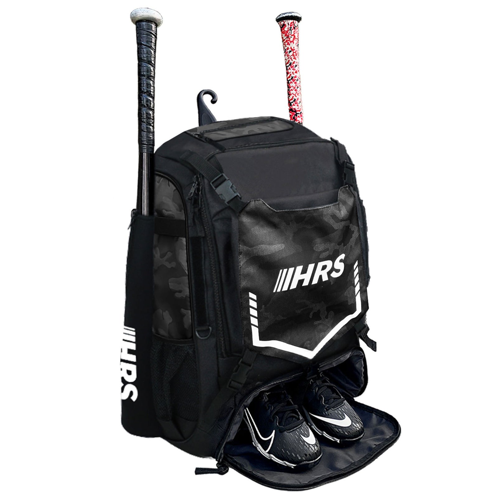 Hit Run Steal Bat Bag Backpack, Holds 4 Bats, Glove, and Helmet, Black Camo - VMInnovations