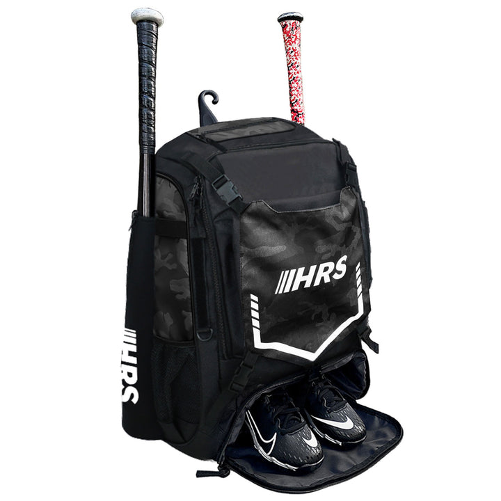 Hit Run Steal Bat Bag Backpack, Holds 4 Bats, Glove, and Helmet, Black Camo - VMInnovations