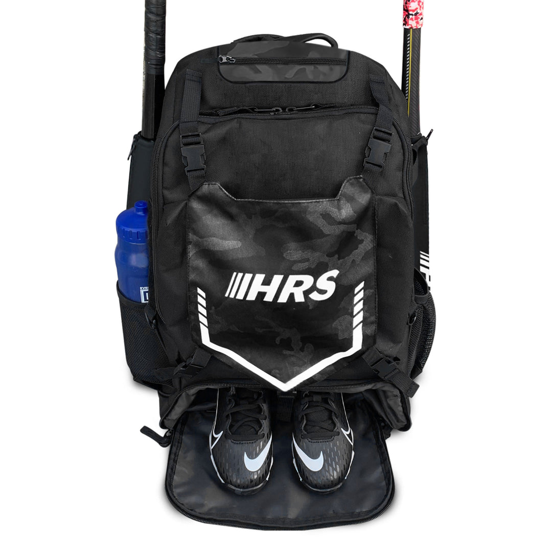 Hit Run Steal Bat Bag Backpack, Holds 4 Bats, Glove, and Helmet, Black Camo - VMInnovations