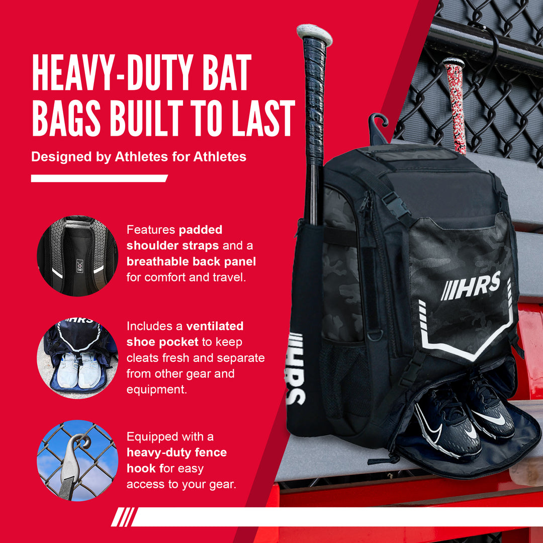 Hit Run Steal Bat Bag Backpack, Holds 4 Bats, Glove, and Helmet, Black Camo - VMInnovations