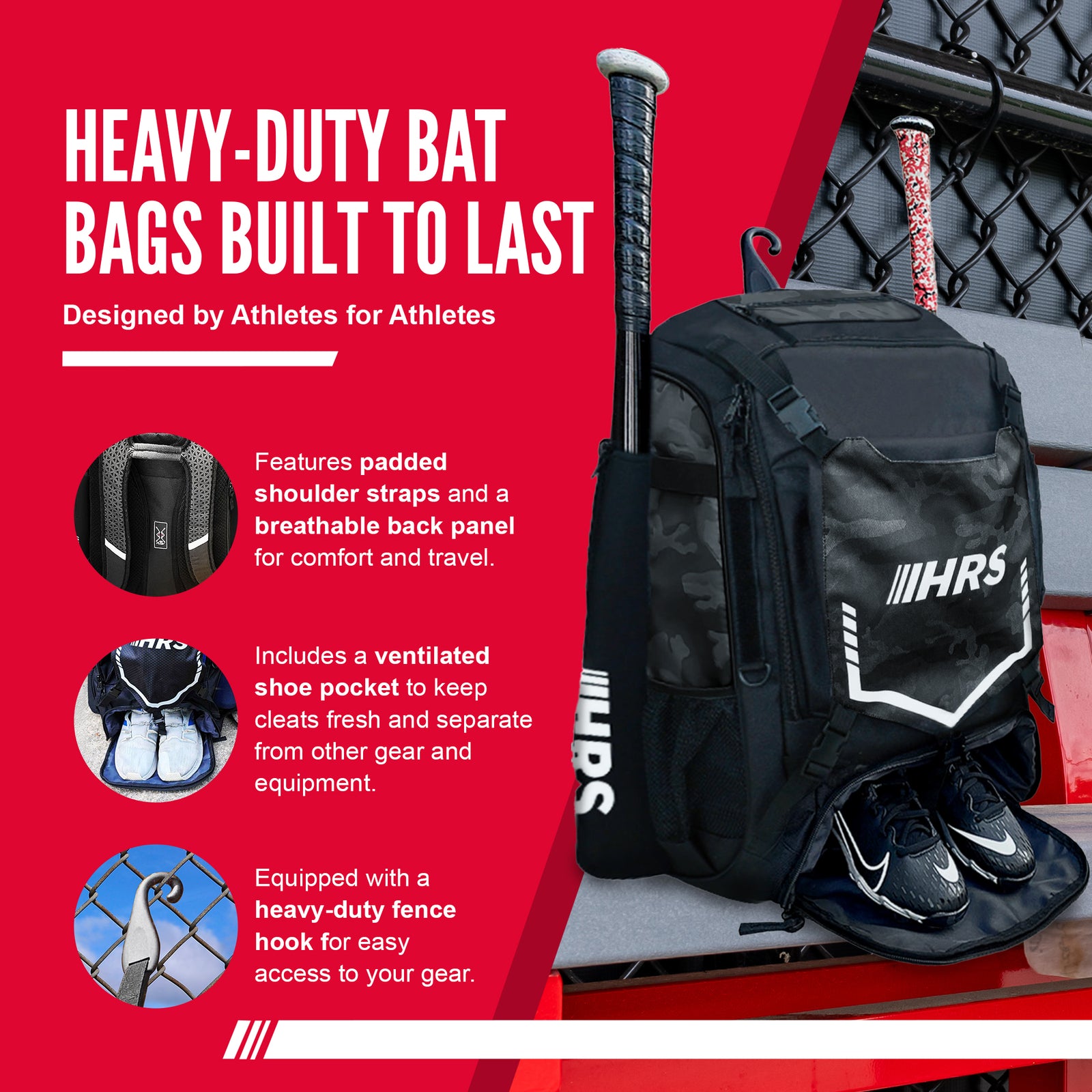 Hit Run Steal Bat Bag Backpack, Holds 4 Bats, Glove, and Helmet, Black Camo - VMInnovations