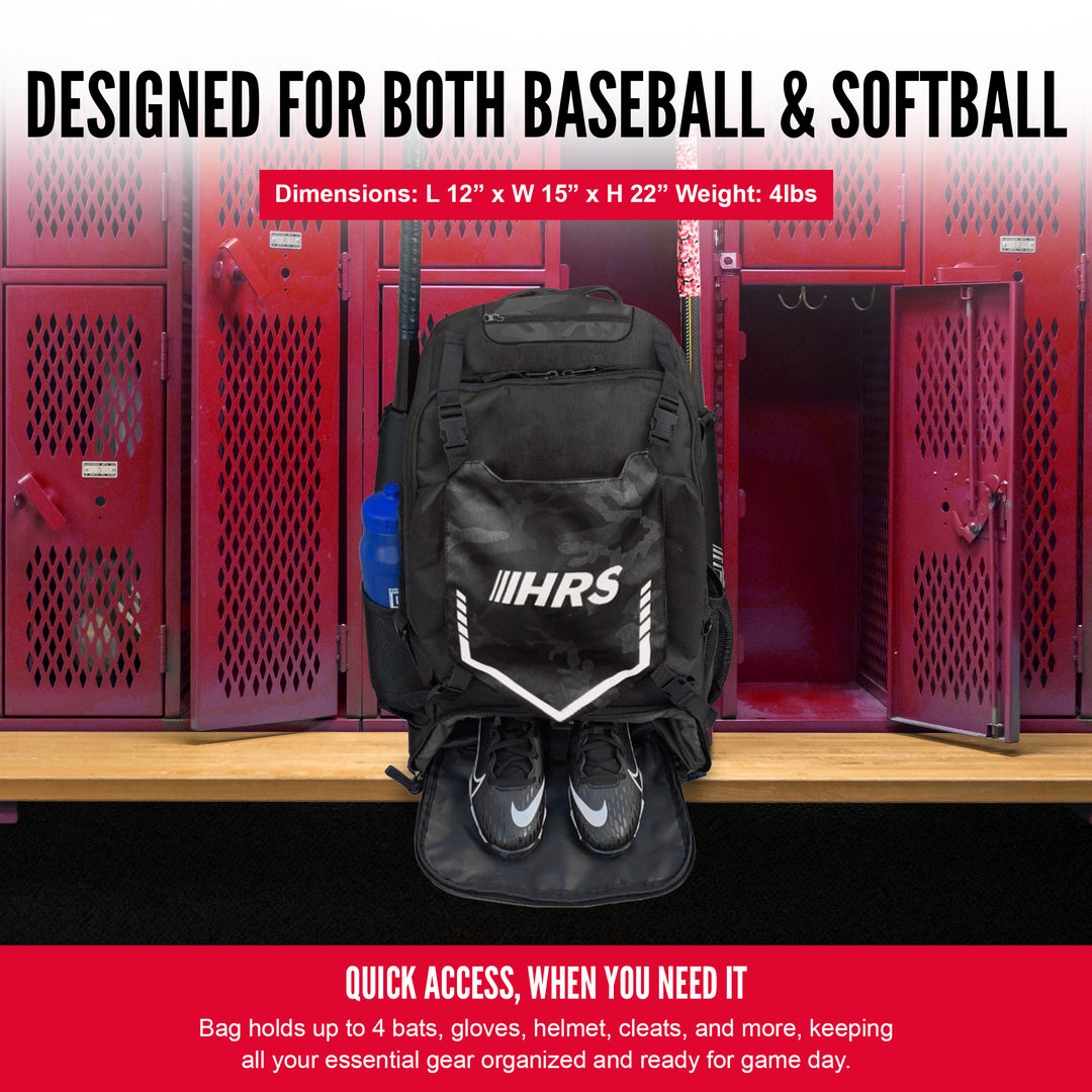 Hit Run Steal Bat Bag Backpack, Holds 4 Bats, Glove, and Helmet, Black Camo - VMInnovations