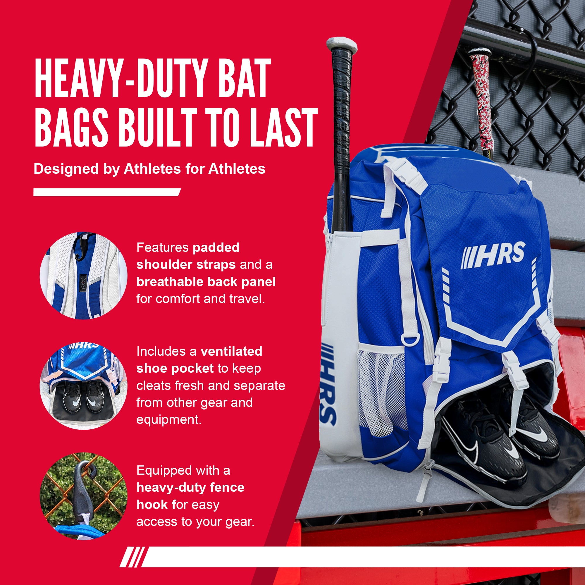Hit Run Steal Bat Backpack, Holds 4 Bats, Glove, & Helmet, Royal Blue (Open Box) - VMInnovations