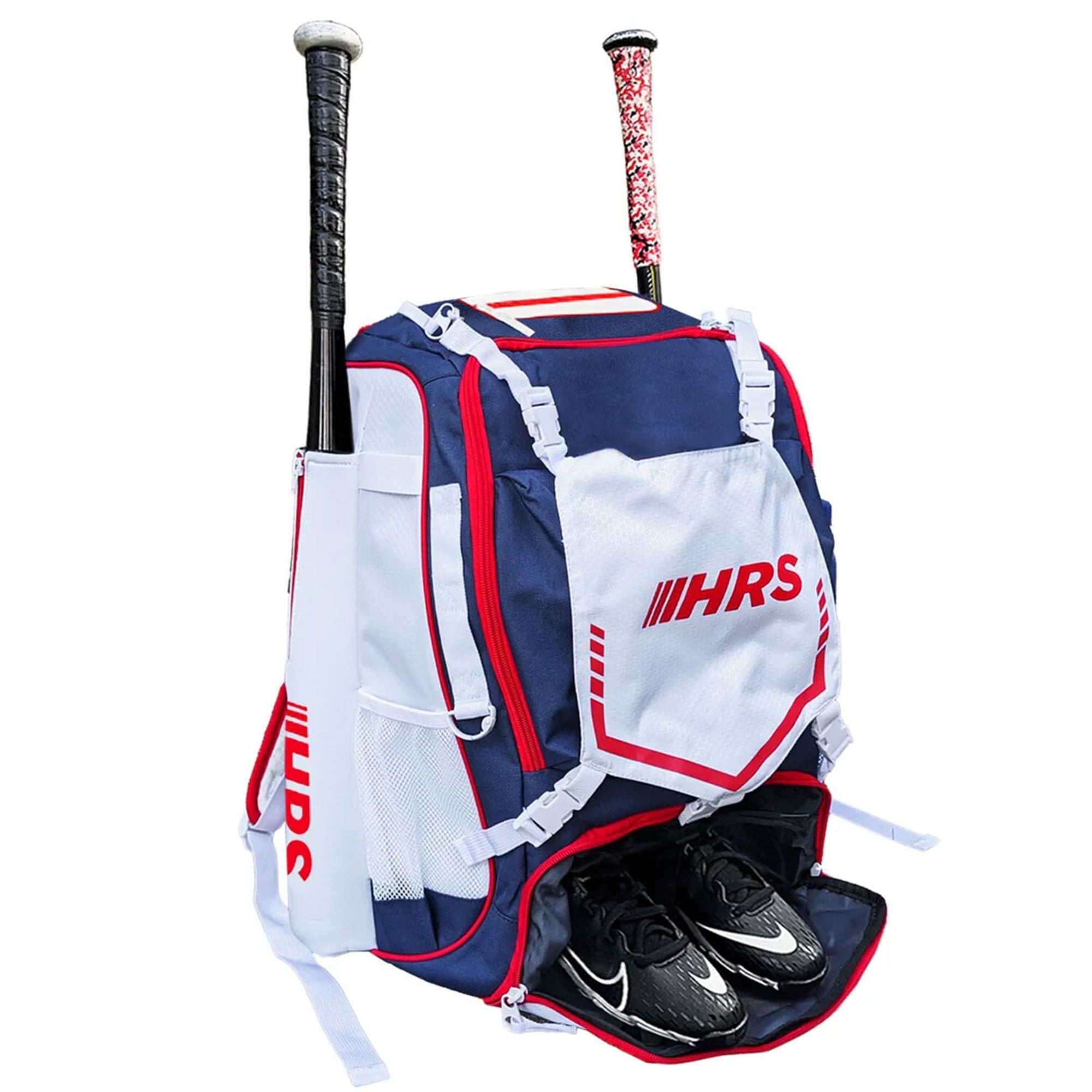 Hit Run Steal Bat Bag Backpack, Holds 4 Bats, Glove, and Helmet, Red/White/Blue - VMInnovations