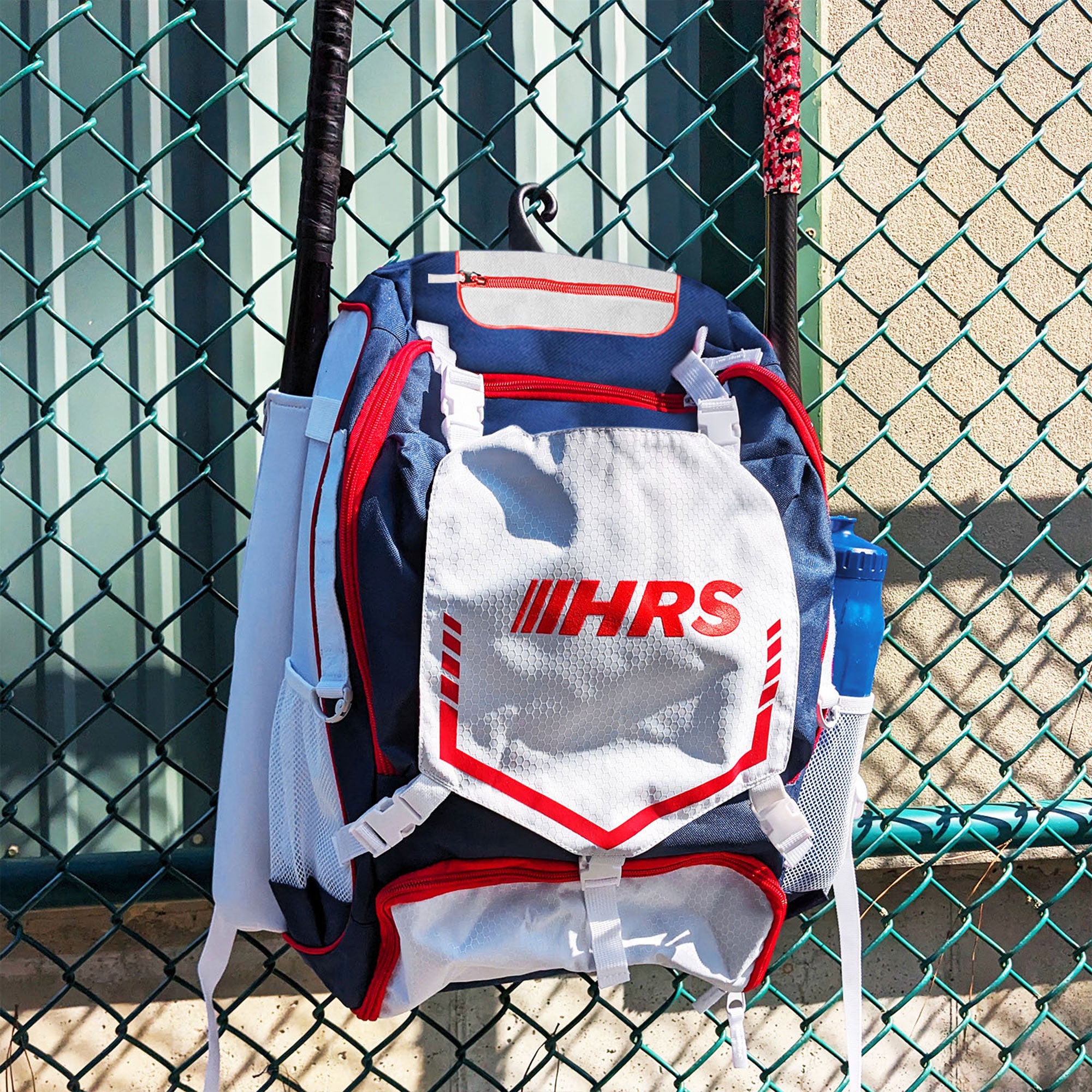 Hit Run Steal Bat Bag Backpack, Holds 4 Bats, Glove, and Helmet, Red/White/Blue - VMInnovations